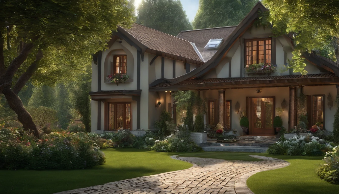 Outside the house，big breasts beautiful，rich greenery，There is abundant open space，broad
