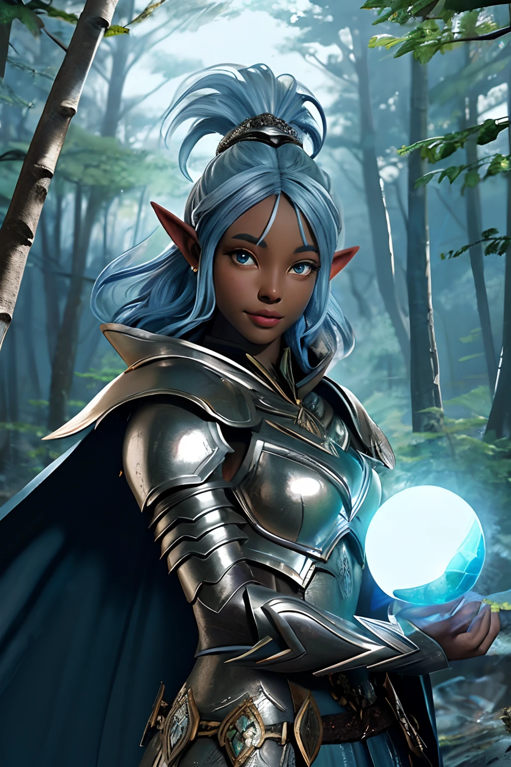 An African American Elven woman stands firm in heavy plate armor, her great sword in her right hand, cloth cape draped down, her left hand emits a blue orb of light, not illuminated in the darkness forest, campfires light in the distance, her hair is a silver long Mohawk , a small pixie sits on her right pauldron smiling confidently, Woman,large eyes. Dark skinned