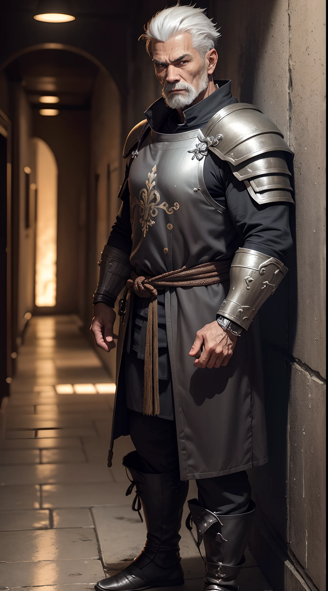 realistic 8k image of a 60 year old man, strong, oriental, short gray hair, combed back, dressed in a black RPG warrior style cleric costume, standing in a corridor with moldy walls, invoking flames with his right hand , anime style art