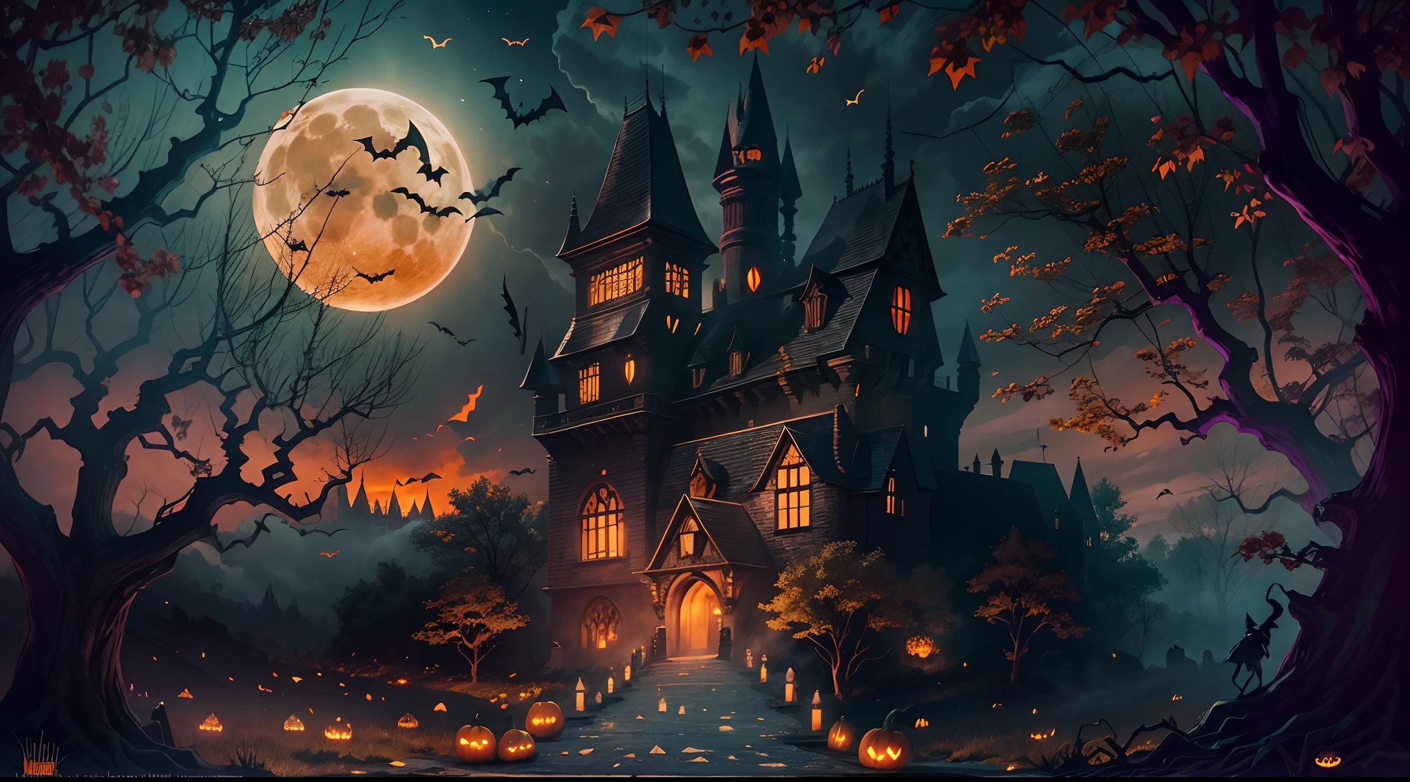 halloween,(the bats:1.1),Dark and mysterious,Haunted atmosphere,an enchanted forest,Ethereal mist,Vivid colors,Starry night,The full moon passes through the clouds,(Dimly lit castle),Old stone building,(Pumpkin head:1.3),A beautiful witch in a flowing dress walks down a lonely path that leads to the entrance to the castle,(black cats:1.1),Crumbling tombstones,Remote location,mystical aura,Bats fly overhead,Twisted branches,Enchanting atmosphere.