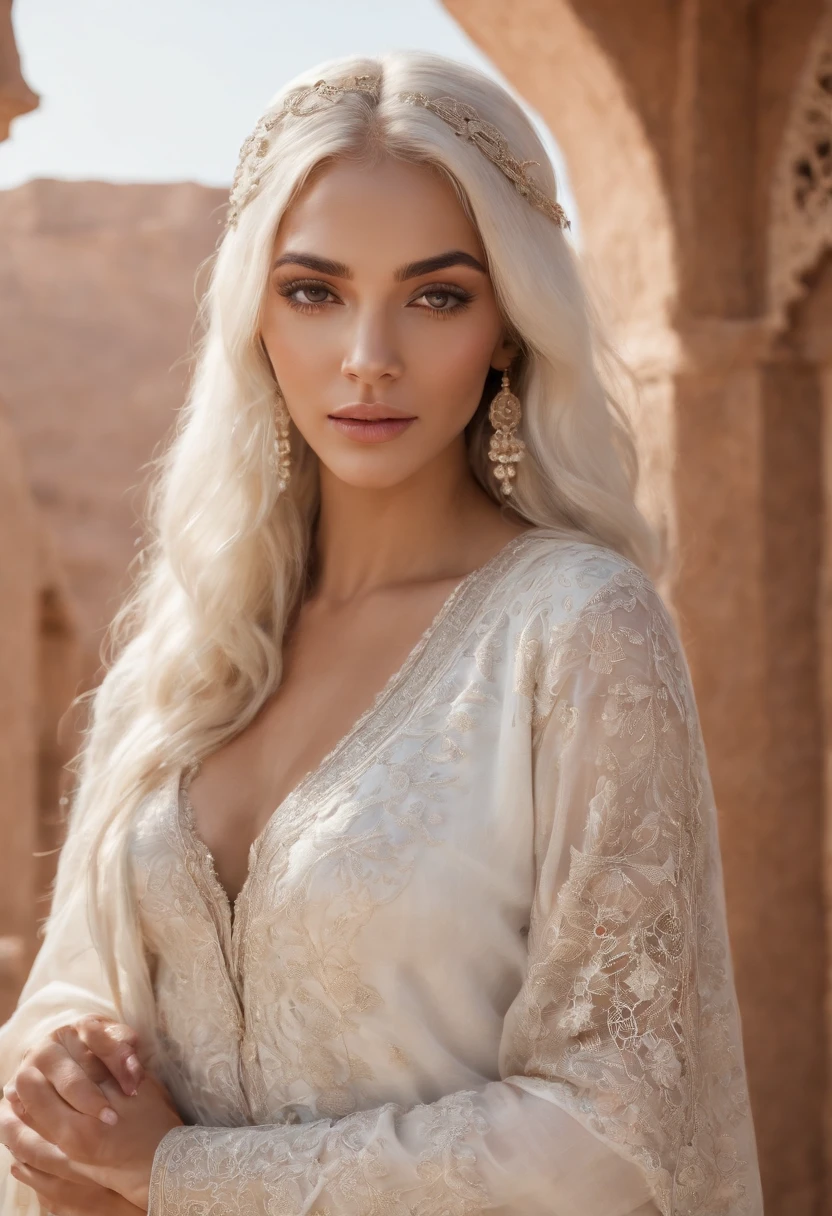 Middle eastern women, insane amount of detail on body, glossy long silver hair and tanned skin, vintage white dress, firm Body, Looking at the viewer. highest quality, A 4K resolution, A highly detailed, and realistic pictures, Capture every intricate detail. The artwork resembles a traditional oil painting, With bright colors and a palette that reflects the warm colors of the Moroccan Sahara. The lighting is soft but illuminates the woman face, Display the deep lines engraved on her features, surrounding her is a glow, Intricate patterns and motifs highlight Morocco's rich culture. The scene is set in a beautiful Moroccan garden Filled with lush foliage and Blooming flowers, soft lighting, Canon PIXMA, photography by Holly Randell