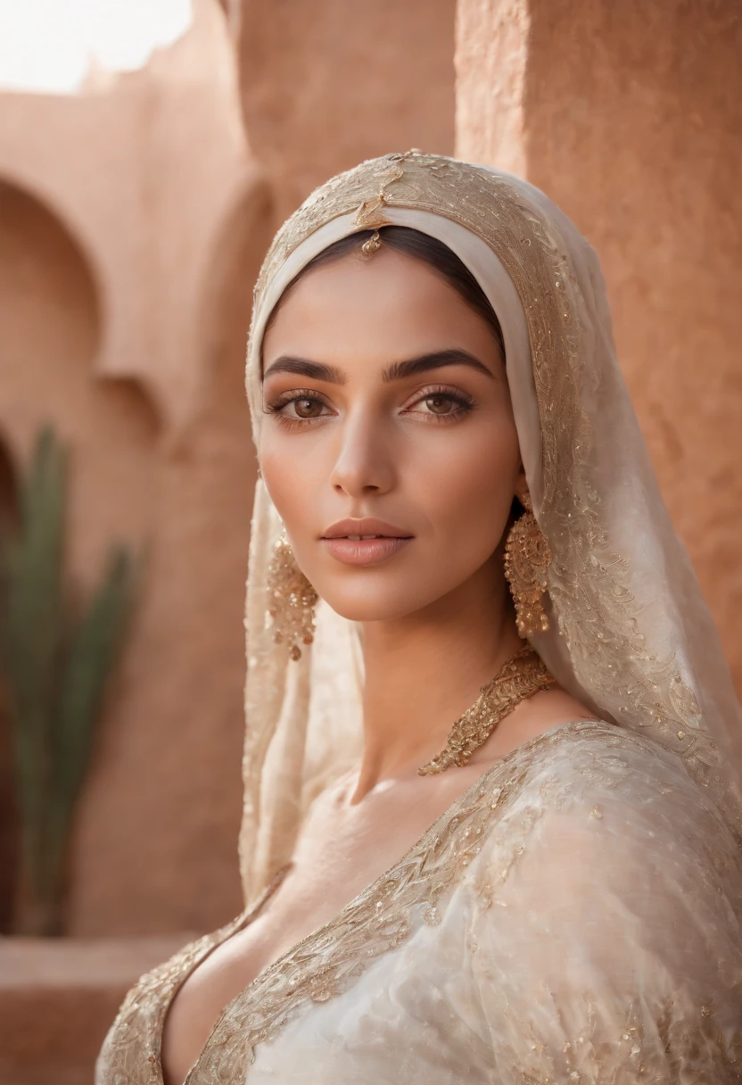 Middle eastern women, insane amount of detail on body, glossy long silver hair and tanned skin, vintage white dress, firm Body, Looking at the viewer. highest quality, A 4K resolution, A highly detailed, and realistic pictures, Capture every intricate detail. The artwork resembles a traditional oil painting, With bright colors and a palette that reflects the warm colors of the Moroccan Sahara. The lighting is soft but illuminates the woman face, Display the deep lines engraved on her features, surrounding her is a glow, Intricate patterns and motifs highlight Morocco's rich culture. The scene is set in a beautiful Moroccan garden Filled with lush foliage and Blooming flowers, soft lighting, Canon PIXMA, photography by Holly Randell