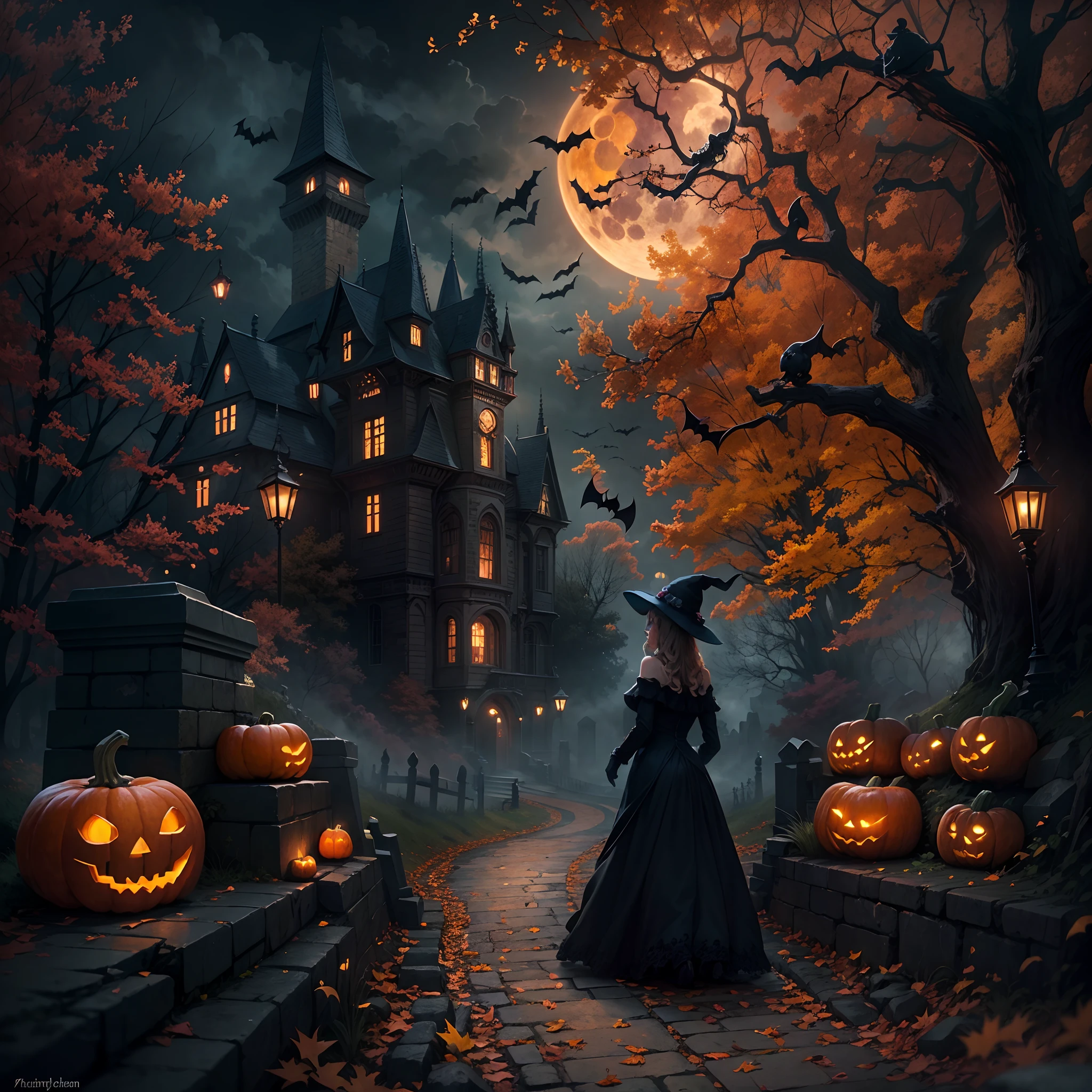 halloween,(the bats:1.1),Dark and mysterious,Haunted atmosphere,an enchanted forest,Ethereal mist,Vivid colors,Starry night,The full moon passes through the clouds,(Dimly lit castle),Old stone building,(Pumpkin head:1.3),A beautiful witch in a flowing dress walks down a lonely path that leads to the entrance to the castle,(black cats:1.1),Crumbling tombstones,Remote location,mystical aura,Bats fly overhead,Twisted branches,Enchanting atmosphere.