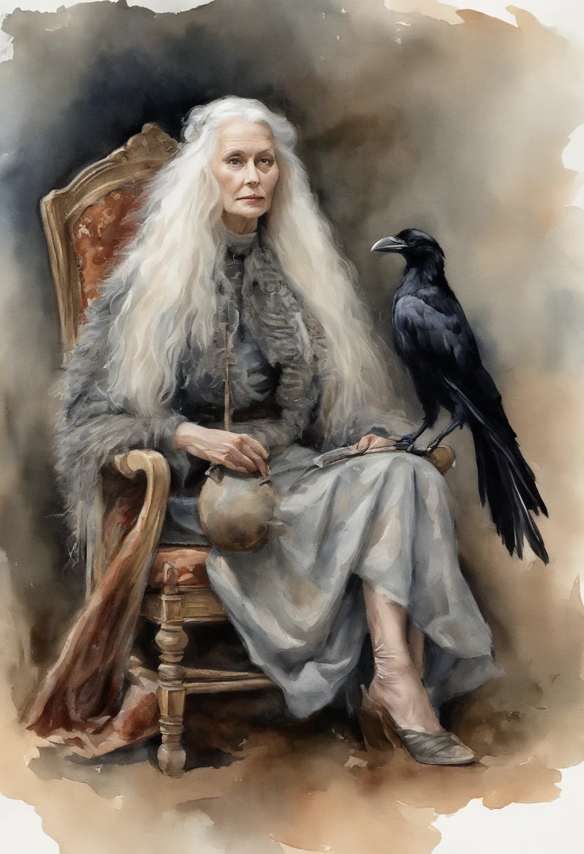 A wise and weathered witch with long white hair, sitting on a velvet-lined Cardelou chair, with a majestic Sonystr Crow perched on her shoulder.

mystical atmosphere, muted colors, enchanting composition, Canon EOS R5 camera, Fujifilm Pro 400H film, 85mm lens, soft focus, Guillermo del Toro, Tim Burton, Terry Gillingham, Alexander McQueen, Vivienne Westwood