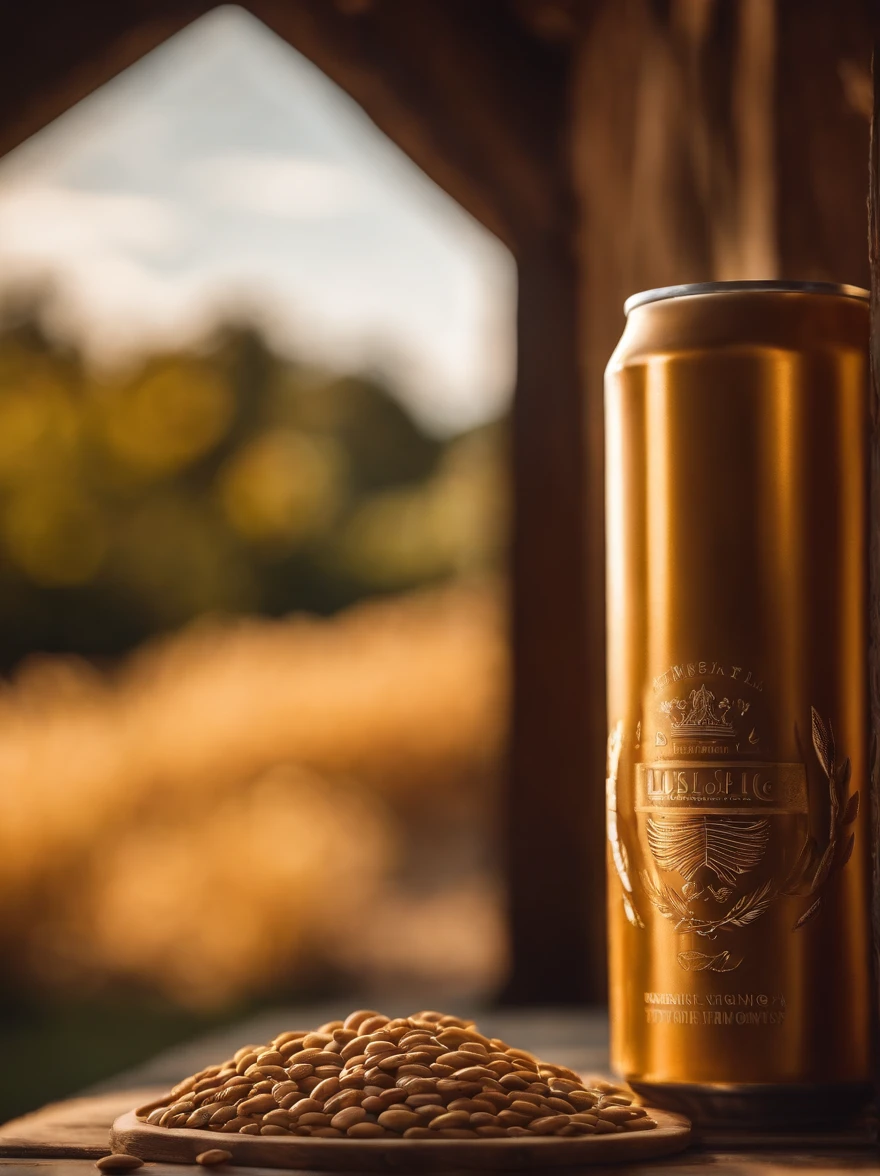 Epic image of a beer can on a wooden backdrop with lush and wonderful wheat. The composition must be grandiose, com destaque para a cerveja. Use three-point lighting to create depth and shadows. The ideal camera is a PhaseOne IQ180 with a 24mm lens. The aspect ratio should be 3:4 and the ISO 1000 setting for a balanced exposure. Apply a cinematic color correction for a stunning finishing touch.