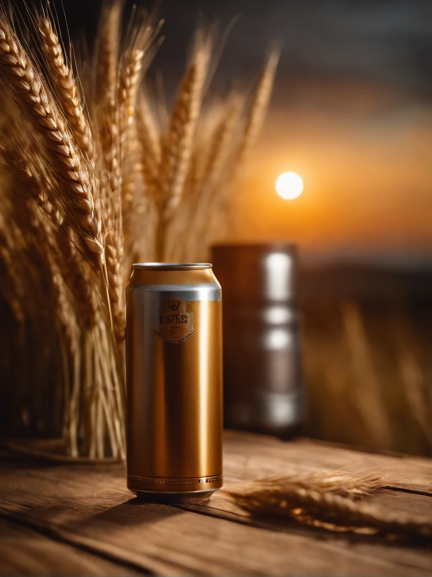 Epic image of a beer can on a wooden backdrop with lush and wonderful wheat. The composition must be grandiose, com destaque para a cerveja. Use three-point lighting to create depth and shadows. The ideal camera is a PhaseOne IQ180 with a 24mm lens. The aspect ratio should be 3:4 and the ISO 1000 setting for a balanced exposure. Apply a cinematic color correction for a stunning finishing touch.