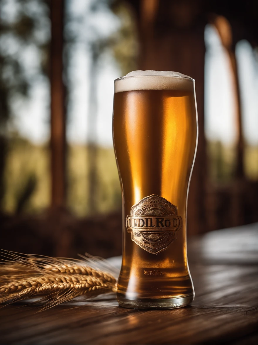 Epic image of a beer can on a wooden backdrop with lush and wonderful wheat. The composition must be grandiose, com destaque para a cerveja. Use three-point lighting to create depth and shadows. The ideal camera is a PhaseOne IQ180 with a 24mm lens. The aspect ratio should be 3:4 and the ISO 1000 setting for a balanced exposure. Apply a cinematic color correction for a stunning finishing touch.