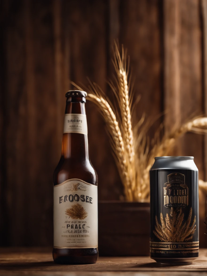 Epic image of a beer can on a wooden backdrop with lush and wonderful wheat. The composition must be grandiose, com destaque para a cerveja. Use three-point lighting to create depth and shadows. The ideal camera is a PhaseOne IQ180 with a 24mm lens. The aspect ratio should be 3:4 and the ISO 1000 setting for a balanced exposure. Apply a cinematic color correction for a stunning finishing touch.