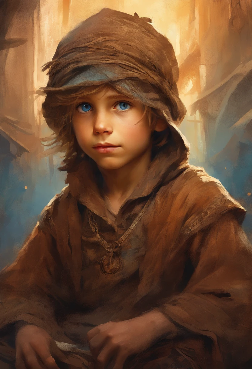 boy in ratty brown peasant clothes, dirty looking but with the brightest blue eyes, in slums