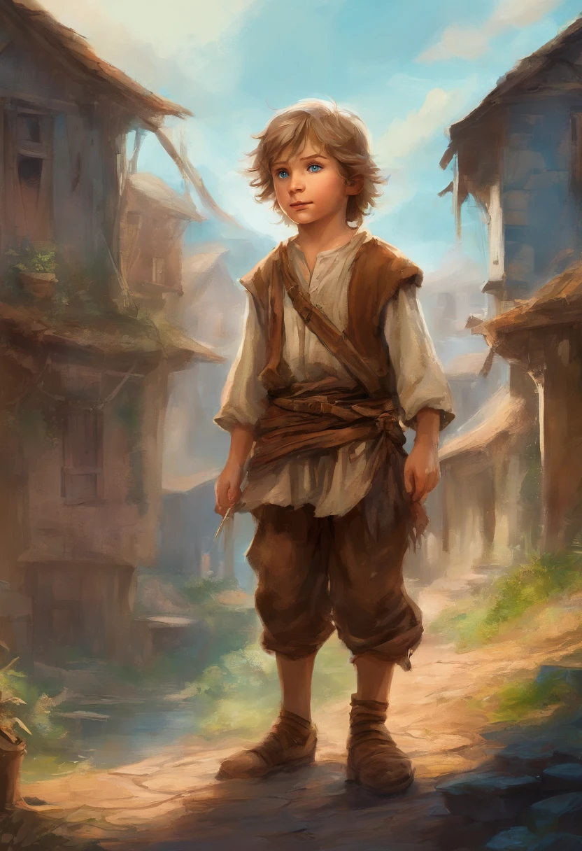  boy in ratty brown peasant clothes, dirty looking but with the brightest blue eyes, in slums