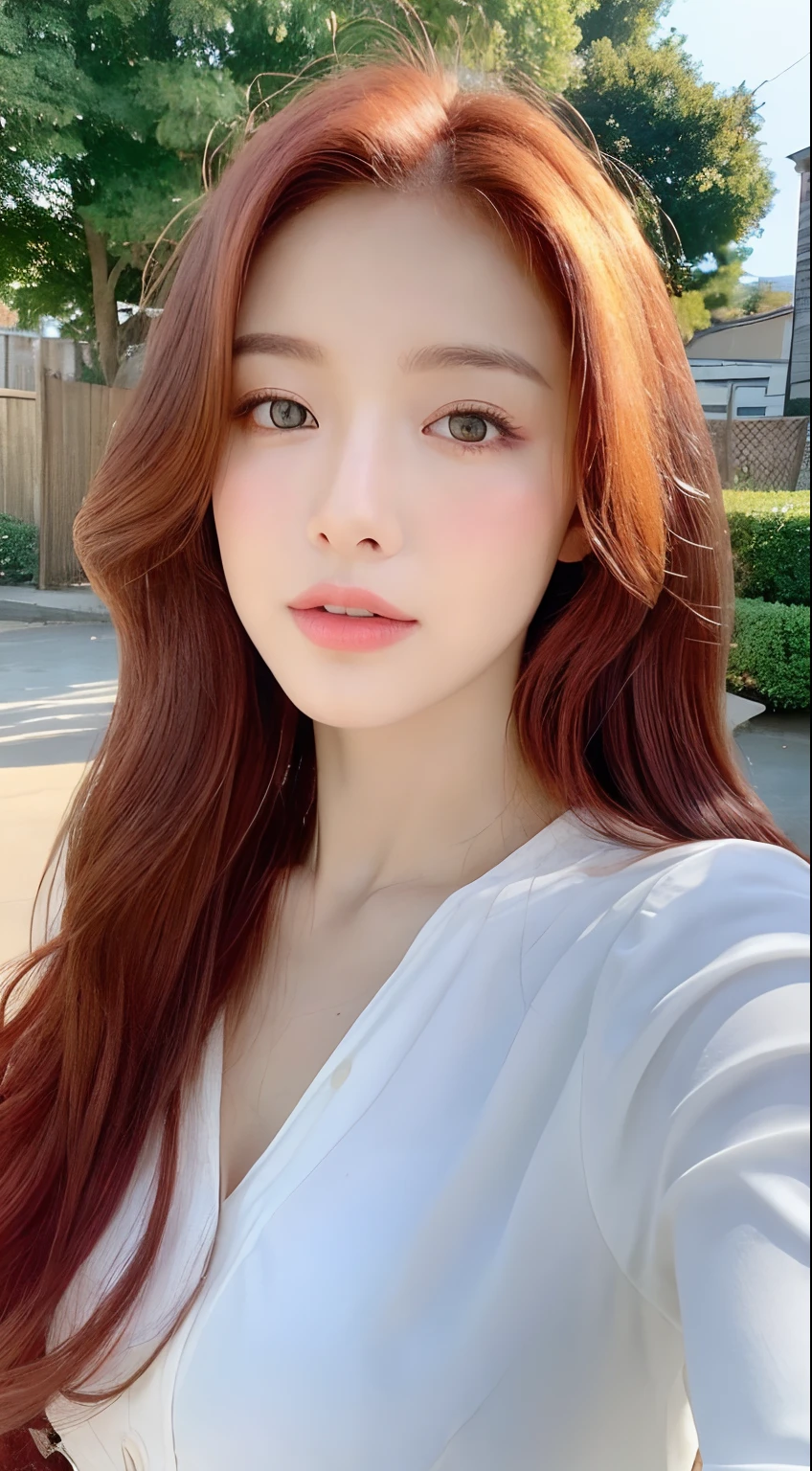 ((Realistic lighting, Best quality, 8K, Masterpiece: 1.3)), Clear focus: 1.2, 1girl, Perfect body beauty: 1.4, Slim abs: 1.1, ((Red hair, Milk: 1.3)), cowgirl pose, (Outdoor, daytime: 1.1), country street, super fine face, fine eyes, double eyelids, curly hair, fair skin