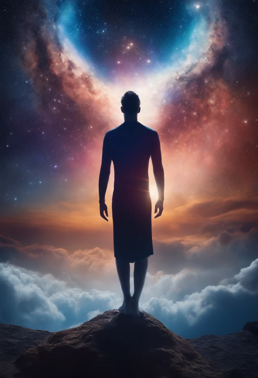 Mysterious man astral body in the middle of the universe, Eteric atmosphere, Aurico