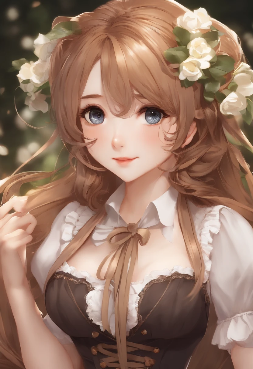 18 ans belle fille, Grands yeux, gros seins, petite et mince, 8k, premier quality, (Very detailed head: 1.0), (high detail face: 1.0), (highly detailed hair: 1.0), Maid Clothes, Highly detailed official artwork, Style d’art anime moe, Clean up the detailed art of anime, sourire, brown hair, cheveux longs lisses