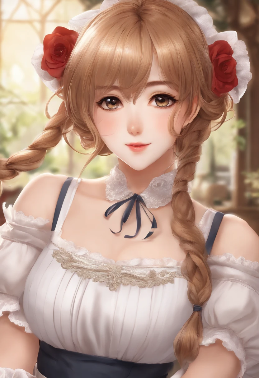 18 ans belle fille, Grands yeux, gros seins, petite et mince, 8k, premier quality, (Very detailed head: 1.0), (high detail face: 1.0), (highly detailed hair: 1.0), Maid Clothes, Highly detailed official artwork, Style d’art anime moe, Clean up the detailed art of anime, sourire, brown hair, cheveux longs lisses
