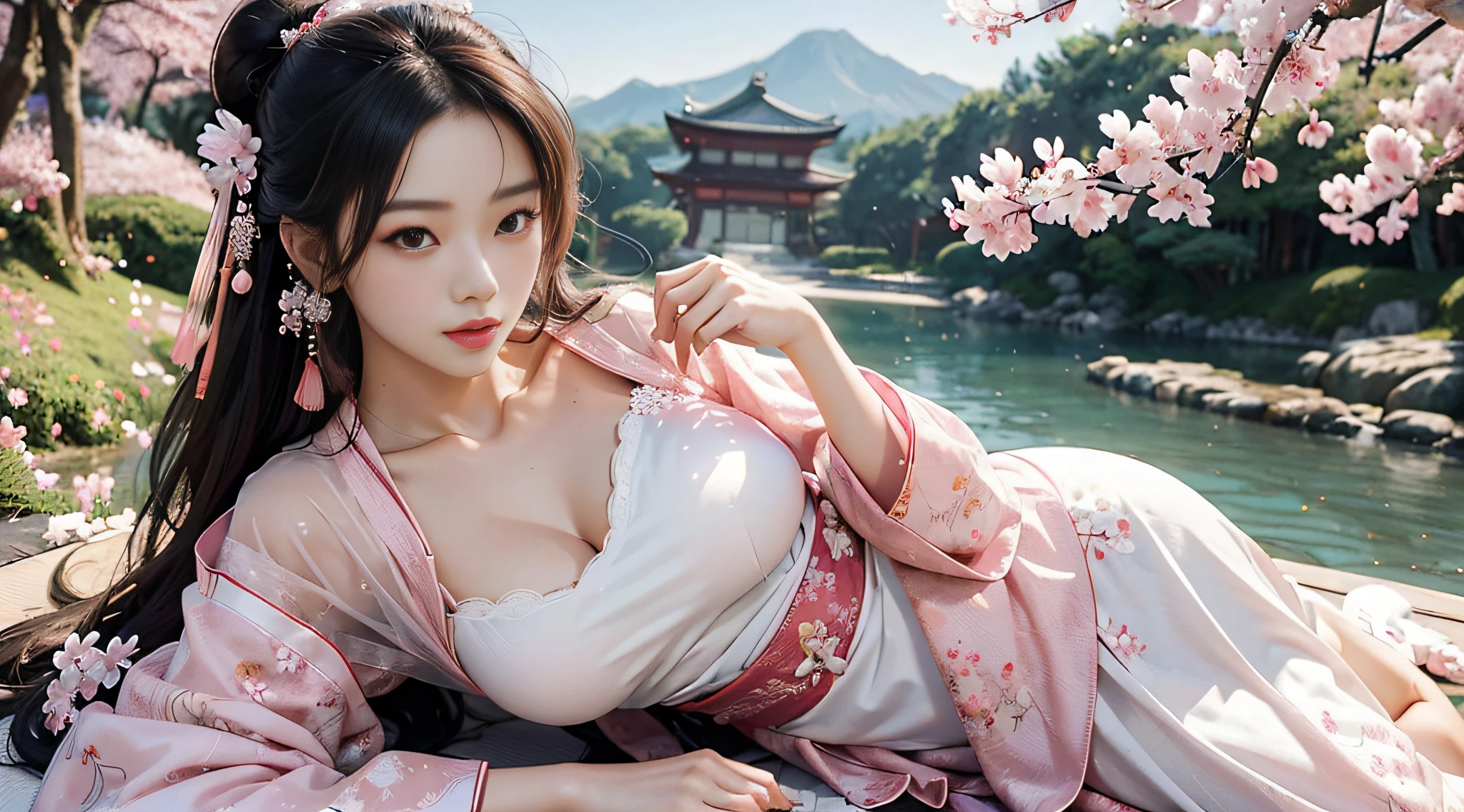 Kimono, Japanese Girl ,perfect breasts ,sexy ,Sexy ,top-quality, Realistic faces, 4k,Palace backdrop, Falling cherry blossoms ,See-through dress ,Beautiful faces ,Pretty Wings, long-haired, pink, ornament ,white kimono, White and pink dress,sexy outfit, Perfect Body
