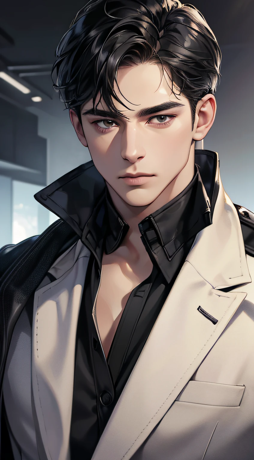 (best quality, masterpiece, 8K, photorealistic, cinematic lighting, hdr image, ultra detailed, beautiful image), a mature man, very handsome, serious, short black hair, black eyes, perfect face without errors, ((buttoning the jacket, CEO))