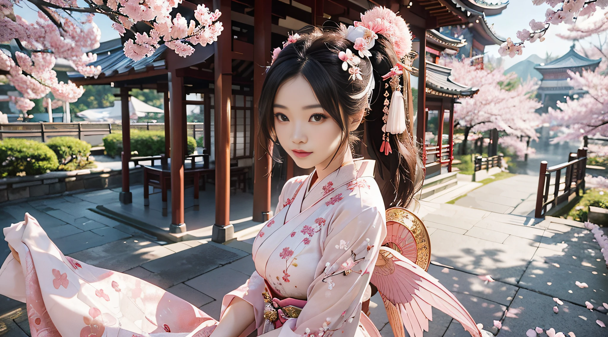 Kimono, Japanese Girl ,perfect breasts ,sexy ,Sexy ,top-quality, Realistic faces, 4k,Palace backdrop, Falling cherry blossoms ,See-through dress ,Beautiful faces ,Pretty Wings, long-haired, pink, ornament ,white kimono, White and pink dress,sexy outfit, Perfect Body