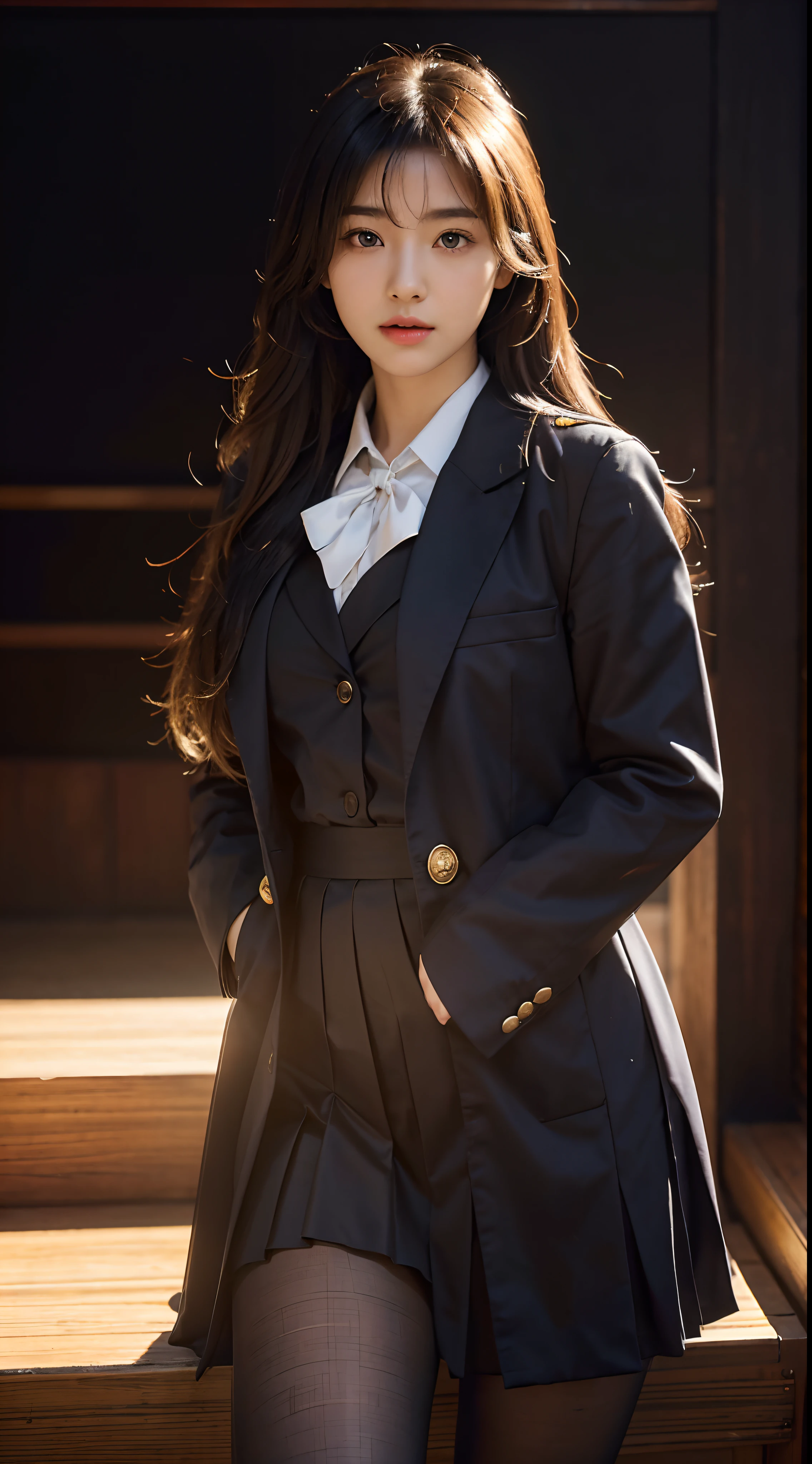 ulzang-6500-v1.1, (RAW photo:1.2), (Photorealistic:1.4), Beautiful detailed girl, Very detailed eyes and face, Beautiful detailed eyes, ridiculous, Incredibly Ridiculous res, hugefilesize, Super detailed, high resolution, Very detailed, Best quality, Masterpiece, kemomimi, ((Japanes girl' high school uniform)), illustration, Very detailed, CG, unified, 8K wallpaper, Amazing, Fine details, Masterpiece, Best quality, Very detailed CG uniform 8k wallpaper, light in face, Cinematic lighting, 1girll, old, (()), ((Dynamic pose))), (Half), (Pantyhose))