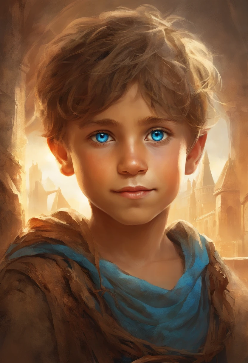 boy in ratty brown peasant clothes, dirty looking but with the brightest blue eyes, in slums