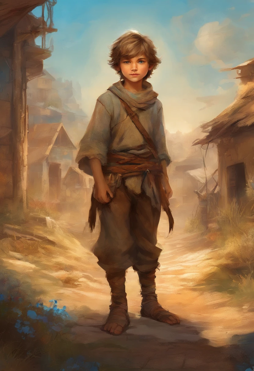 seven year old boy in ratty brown peasant clothes, dirty looking but with the brightest blue eyes, in slums