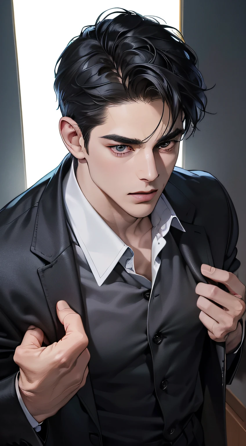 (best quality, masterpiece, 8K, photorealistic, cinematic lighting, 1:4 hdr image, top view, ultra detailed, beautiful image), a mature man, very handsome, short black hair, black eyes, perfect face without errors , ((buttoning his jacket, CEO))