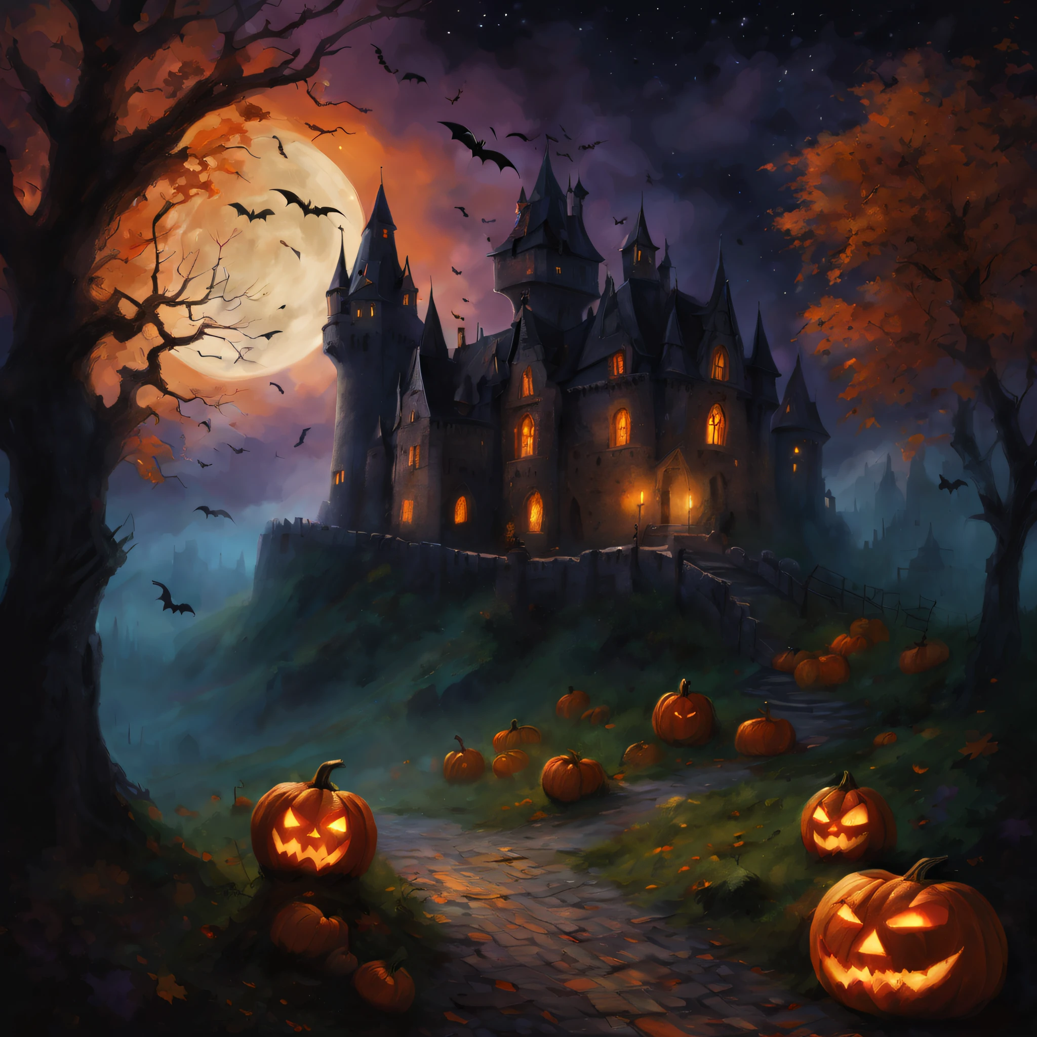halloween,(the bats:1.1),Dark and mysterious,Haunted atmosphere,an enchanted forest,Ethereal mist,Vivid colors,Starry night,The full moon passes through the clouds,(Dimly lit castle),Old stone building,(Pumpkin head:1.3),A beautiful witch in a flowing dress walks down a lonely path that leads to the entrance to the castle,(black cats:1.1),Crumbling tombstones,Remote location,mystical aura,Bats fly overhead,Twisted branches,Enchanting atmosphere.