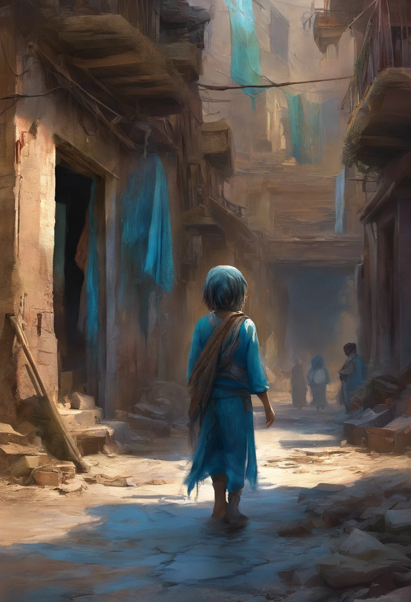 (bright blue eyes),ratty brown peasant clothes,dirty-looking,slums,medium:sketch,poverty,struggle,streets,dark atmosphere,harsh life,gritty,urban decay,dilapidated buildings,overcrowded,low light,street vendors,dust and dirt,crowded alleyways,murky shadows,hustle and bustle,stained walls,unpaved roads,faded colors,little boy alone,hope in his eyes,survival,sadness,innocence,desperation,heartbreaking,persistent determination,hardship,cramped spaces,poverty-stricken communities,unbearable living conditions