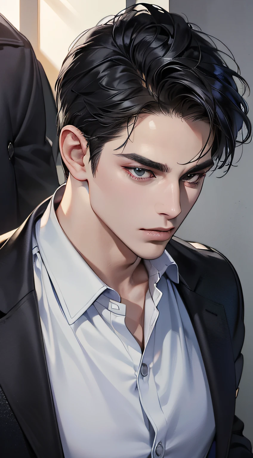 (best quality, masterpiece, 8K, photorealistic, cinematic lighting, 1:4 hdr image, top view, ultra detailed, beautiful image), a mature man, very handsome, short black hair, black eyes, perfect face without errors , ((buttoning his jacket, CEO))