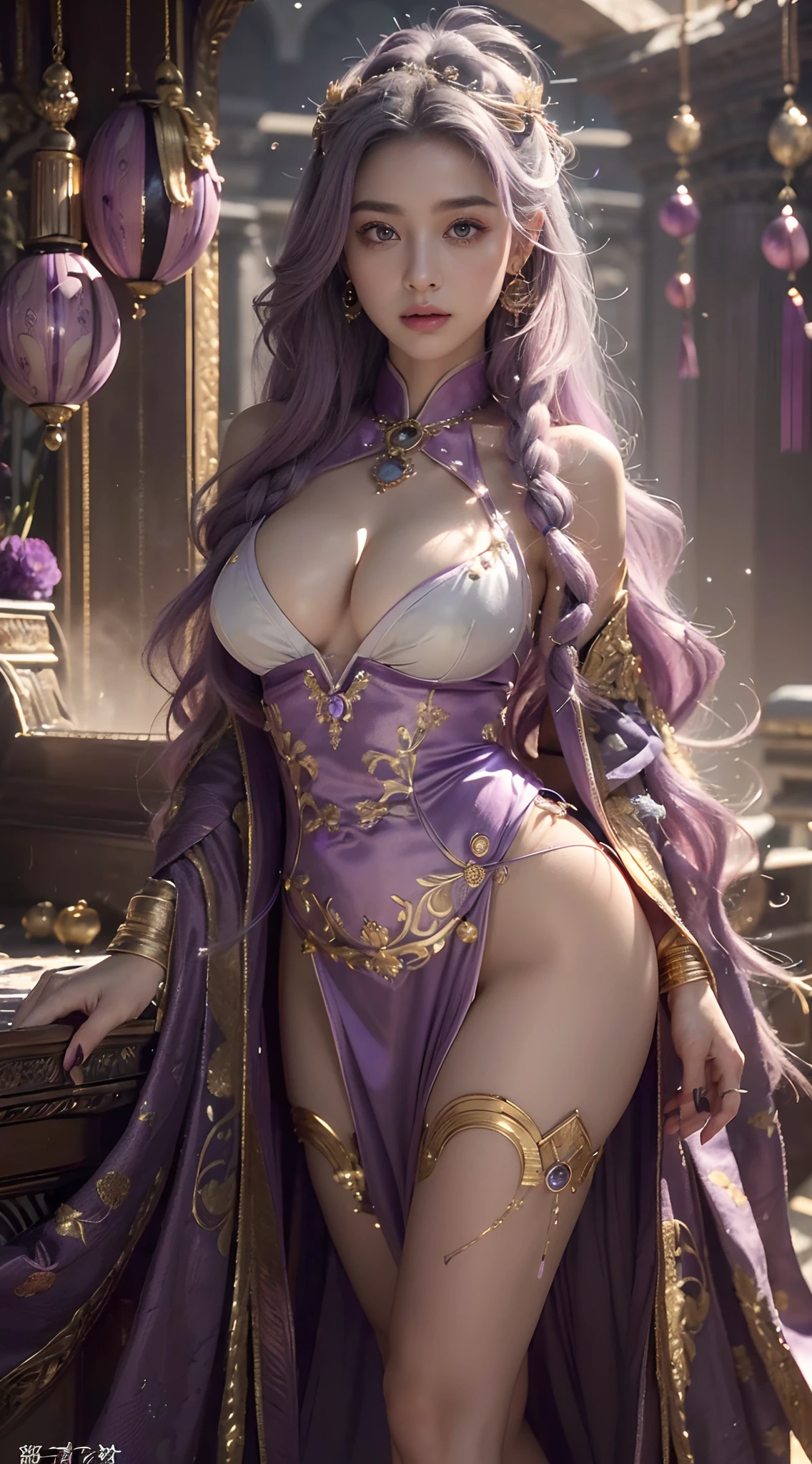 (Numerous award-winning masterpieces, with incredible details), ((Extremely beautifull face)), (extremely detailed realistic face features), (beutiful eyes), ((finely detailed true circle Symmetrical grey purple eyes)), (She has a meloncholic face), (A majestic sight), very long pink colored hair that faids to purple, wears a little stars earrings made of gold and lapys