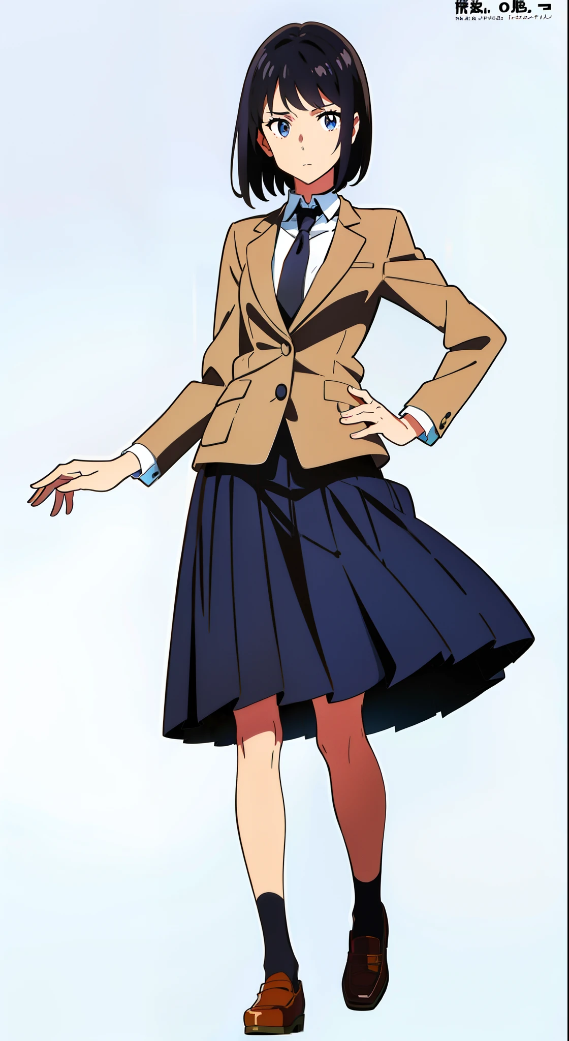 (white background:1.1), (best quality:1.1), (masterpiece:1.1), (full body:1.0), (solo:1.0), (a 18yo cute girl:1.0), (long skirt:0.9), (dark blue skirt:1.0), (pleated skirt:1.0), (school uniform beige blazer:1.0), (dark blue necktie:1.0), (black socks:1.0), (loafers:1.0), (lanky:1.1), (tall:1.1), (slender:1.1), (small breasts:1.1), (detailed beautiful eyes:1.0), (detailed beautiful face:1.0), (glowing black eyes:1.0), (short hair:1.0), (strait hair:1.0), (black hair:1.0), (dynamic pose:1.3)