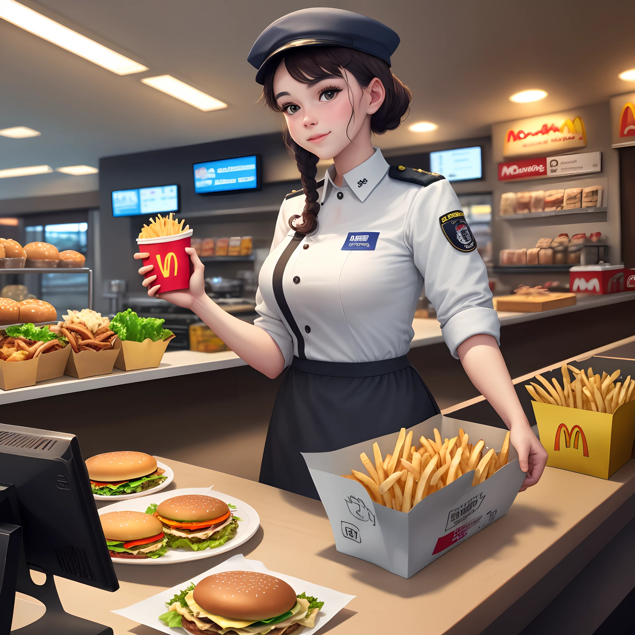 A cat serving behind a McDonald's cashier in uniform as he places fries and hamburger on the counter for delivery