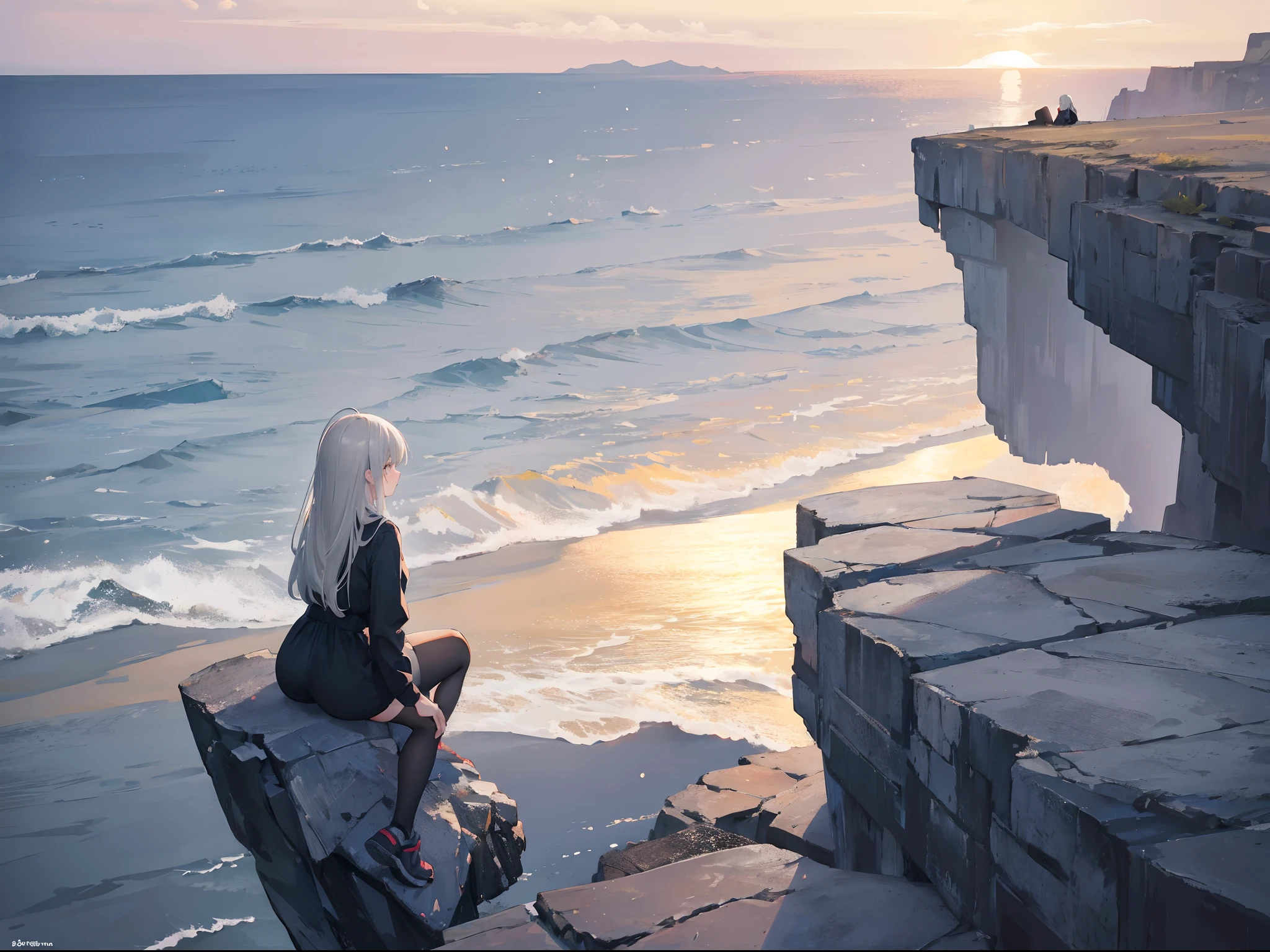 Girl, full body, Cliff, mountain, sea, sunset, back view, sitting on a stone, dress, wind, long hair, gray hair, shorts, black tights, shoes,