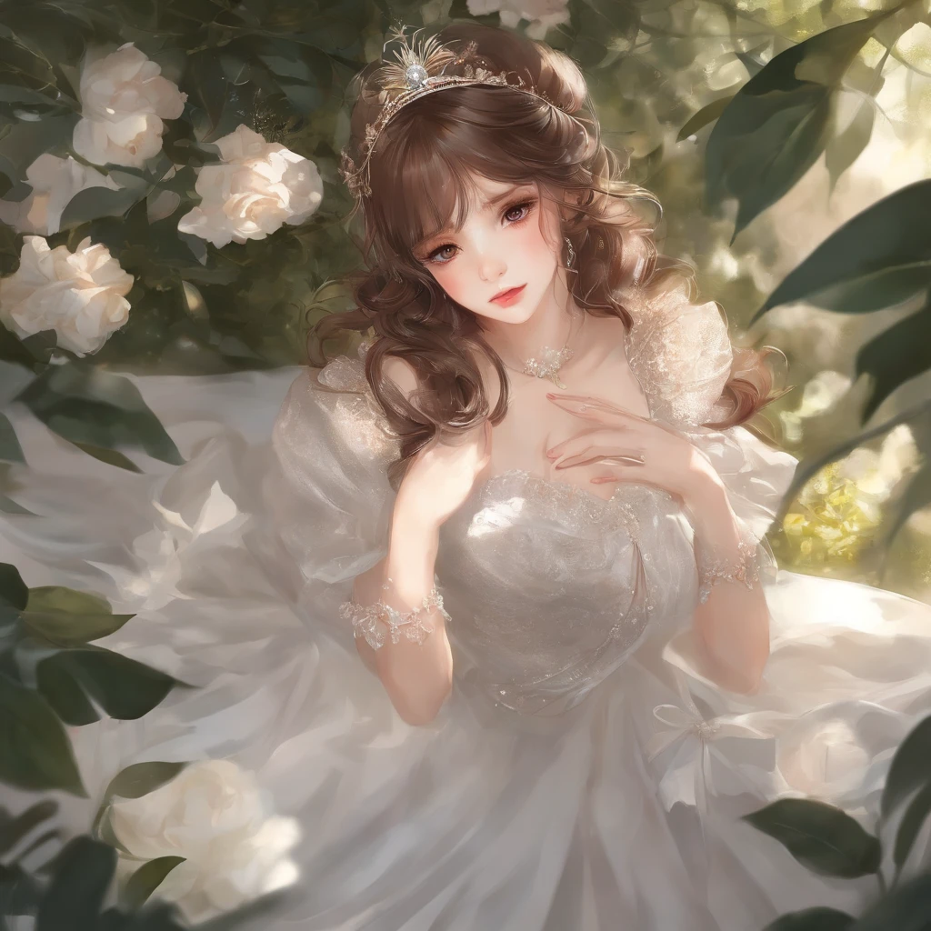 Delicate face on pixiv，Overhead shots，Thick acrylic illustration，by Kawacy，by john singer sargent，A masterpiece，upperbody，princess，one girl，brown eyes brown hair，Fair Skin，beautiful face，God light，White dress，Lots of detail，High best quality，Dregs，depraved，8k，Super meticulous，Latest Pixiv illustrations，dynamic poses，dynamic angles，Gorgeous light and shadow，Transparent，Detail decoration，Detail lines，mystical，fantasy，Magic，shine，fantasy
