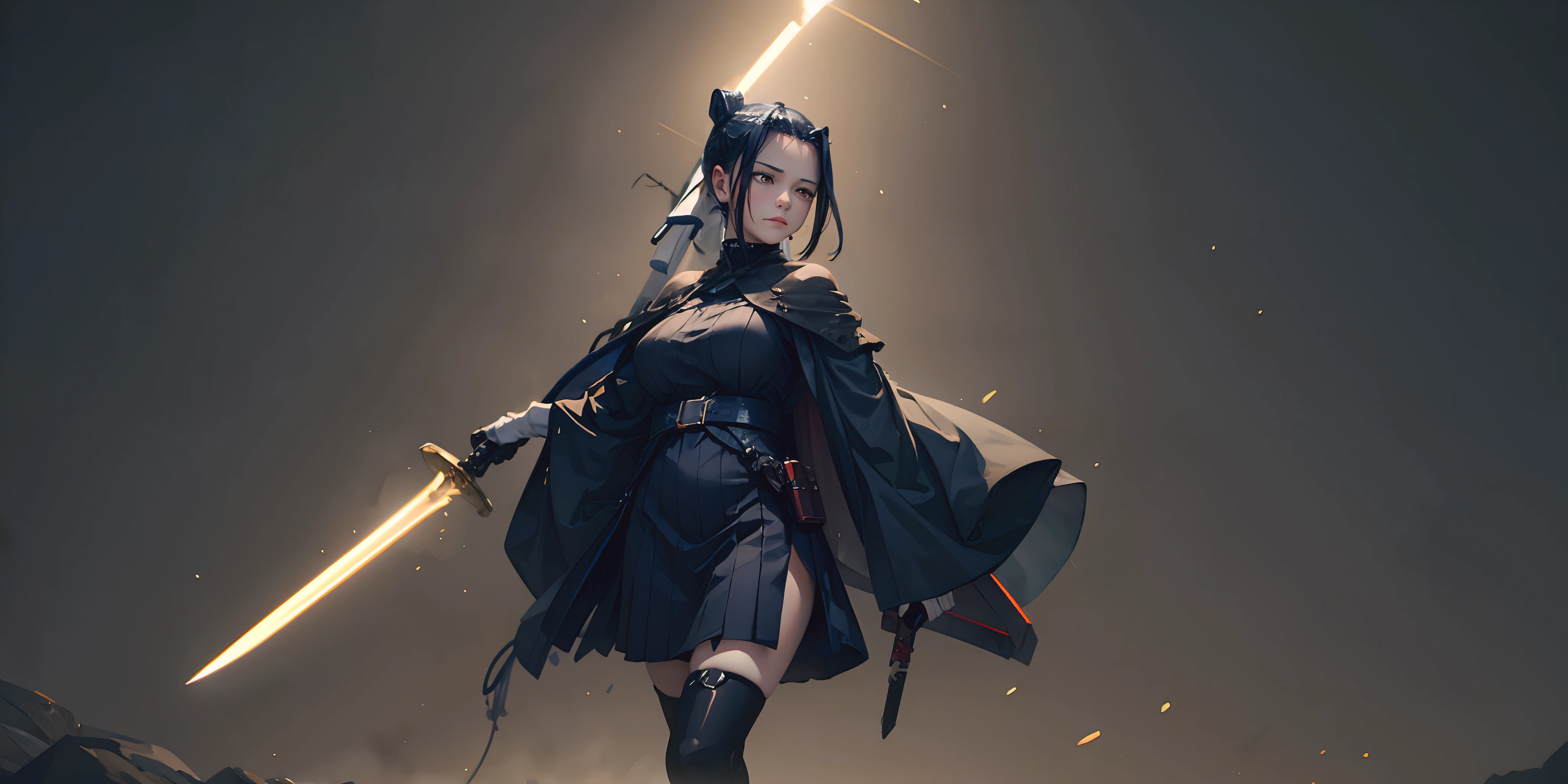 1girl, solo, weapon, holding, sword, black_hair, dress, standing, cape, black_dress, short_hair, closed_mouth, holding_weapon, holding_sword, blue_eyes, looking_at_viewer, gloves, "glow effects, godrays, Hand drawn, render, 8k, octane render, cinema 4d, blender, dark, atmospheric 4k ultra detailed, cinematic, Sharp focus, big depth of field, Masterpiece, colors, 3d octane render, 4k, concept art, trending on artstation, hyperrealistic, Vivid colors, extremely detailed CG unity 8k wallpaper, trending on CGSociety, Intricate, High Detail, dramatic", anime coloring, anime screencap, sweating, steaming body, fog