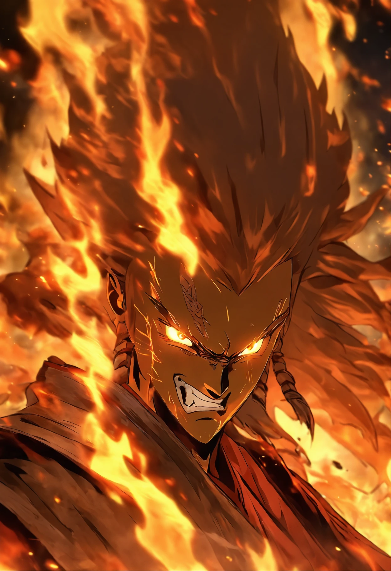 (Masterpiece), (Best quality), 1 man,Face of a young man,Detailed portrayal of the face,Perfect facial features, (shinigami),(breathingfire:1.5), gazing, watch audience, A cloak that covers the whole body, (Robe), (Armed with a death scythe:1.2), In hell, nipple tassels, Fire,fenghuang