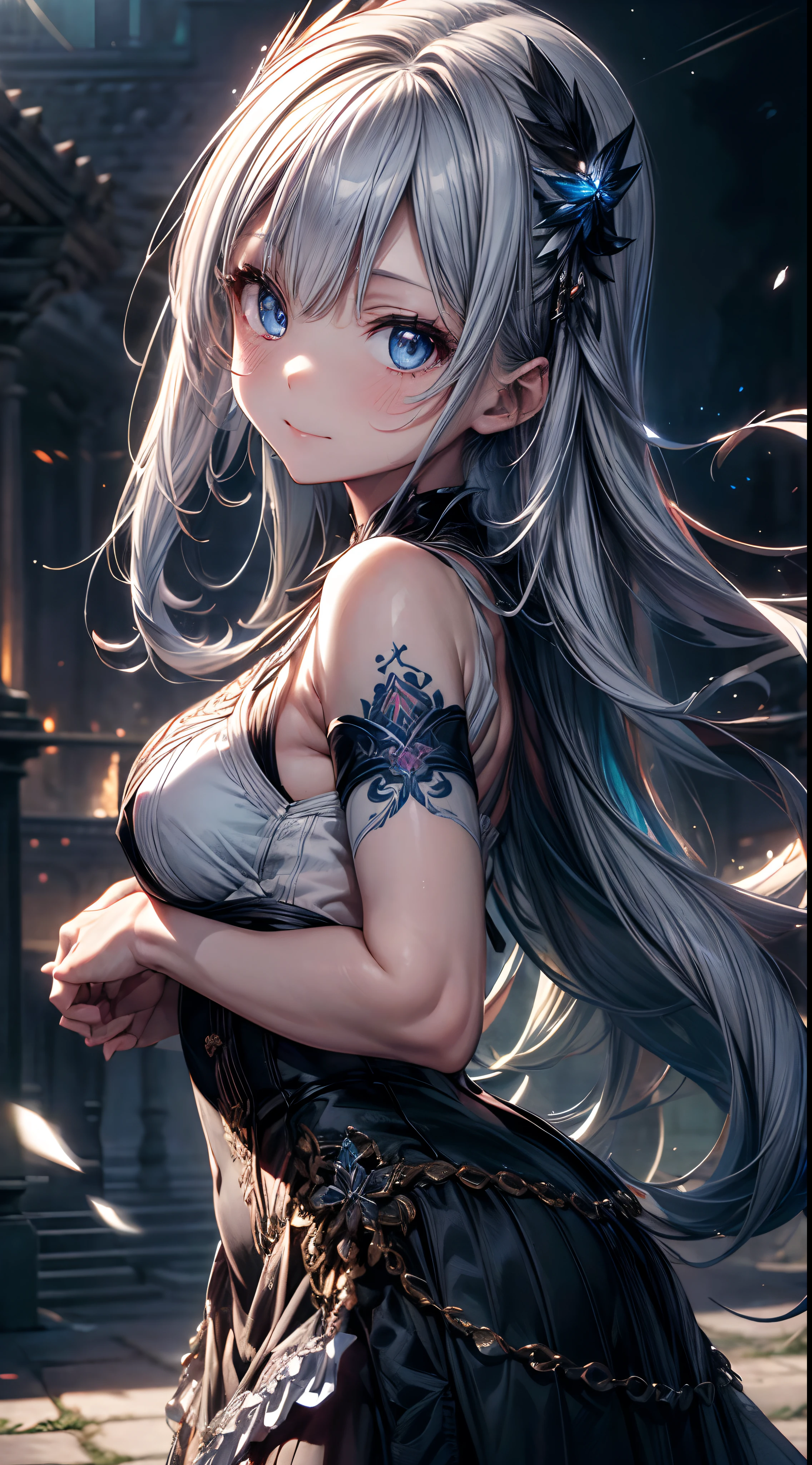 (((masterpiece))), (((best quality))), ((ultra-detailed)), (illustration), ((an extremely delicate and beautiful)),extremely detailed cg unity 8k wallpaper,(add_detail:1),emphasizing beautiful body lines,{{{{{long silver hair}}}}},dark Valkyrie girl,dark Valkyrie, smile,blue would,
Small breasts, highlighter painting blue tattoo on body,highlighter painting blue tattoo on face,hime cutblunt bangs long hair,beautiful detailed hair,white hair,girl praying in the center of a palace, long silver hair, reflective hair, blue eyes, eyes shining like gems ,There are many swords suspended around, from the front, ,object refraction, ergonomics, correct
eyes are glowing blue,pale skin:1.6,wet oily skin,dark corruption,,OuterWorldAI,insanevoid, glowing eyes, extra eyes, horror \(theme\),upper body