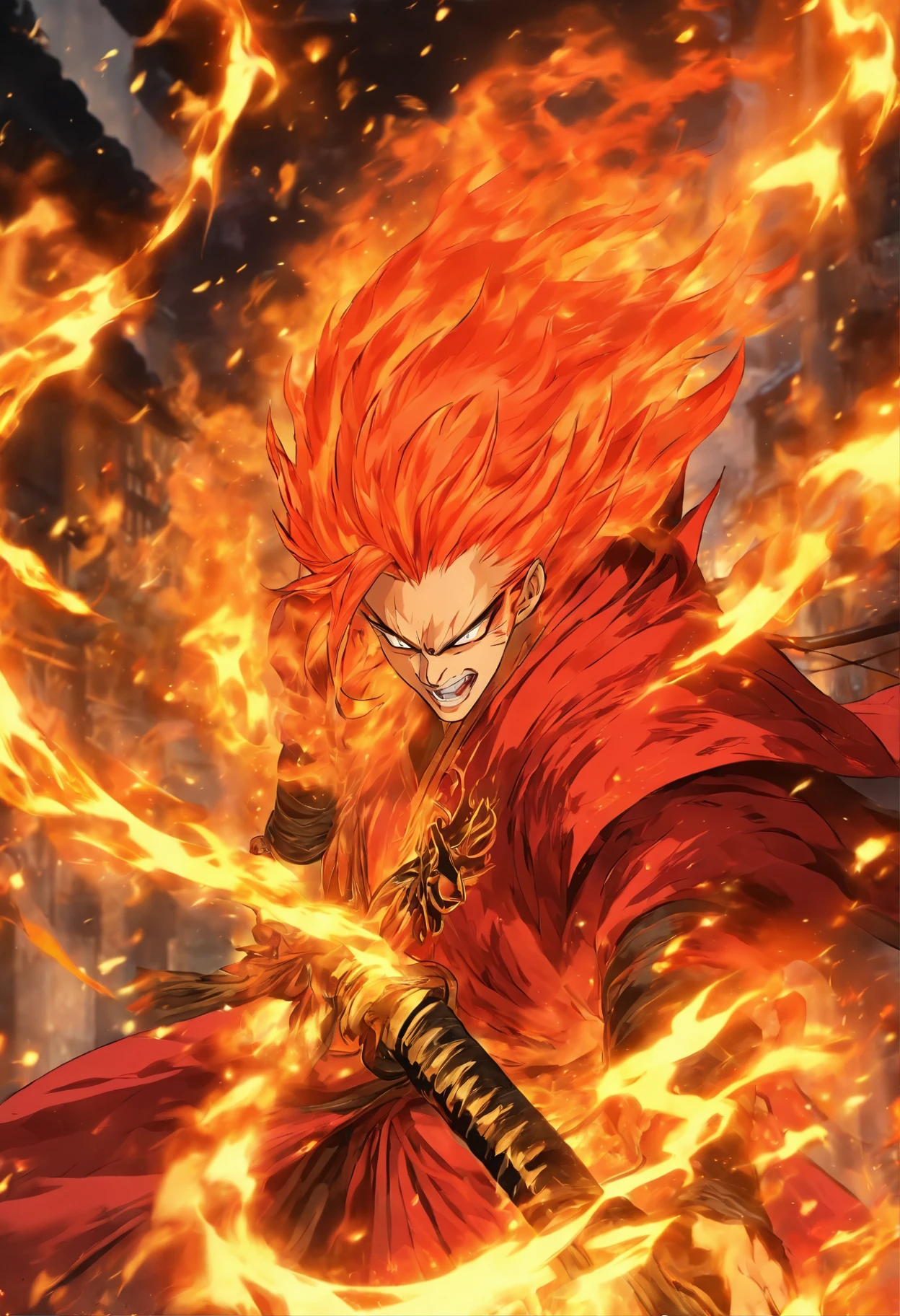 (Masterpiece), (Best quality), 1 man,Face of a young man,Detailed portrayal of the face,Perfect facial features, (shinigami),(breathingfire:1.5), gazing, watch audience, A cloak that covers the whole body, (Robe), (Armed with a death scythe:1.2), In hell, nipple tassels, Fire,fenghuang