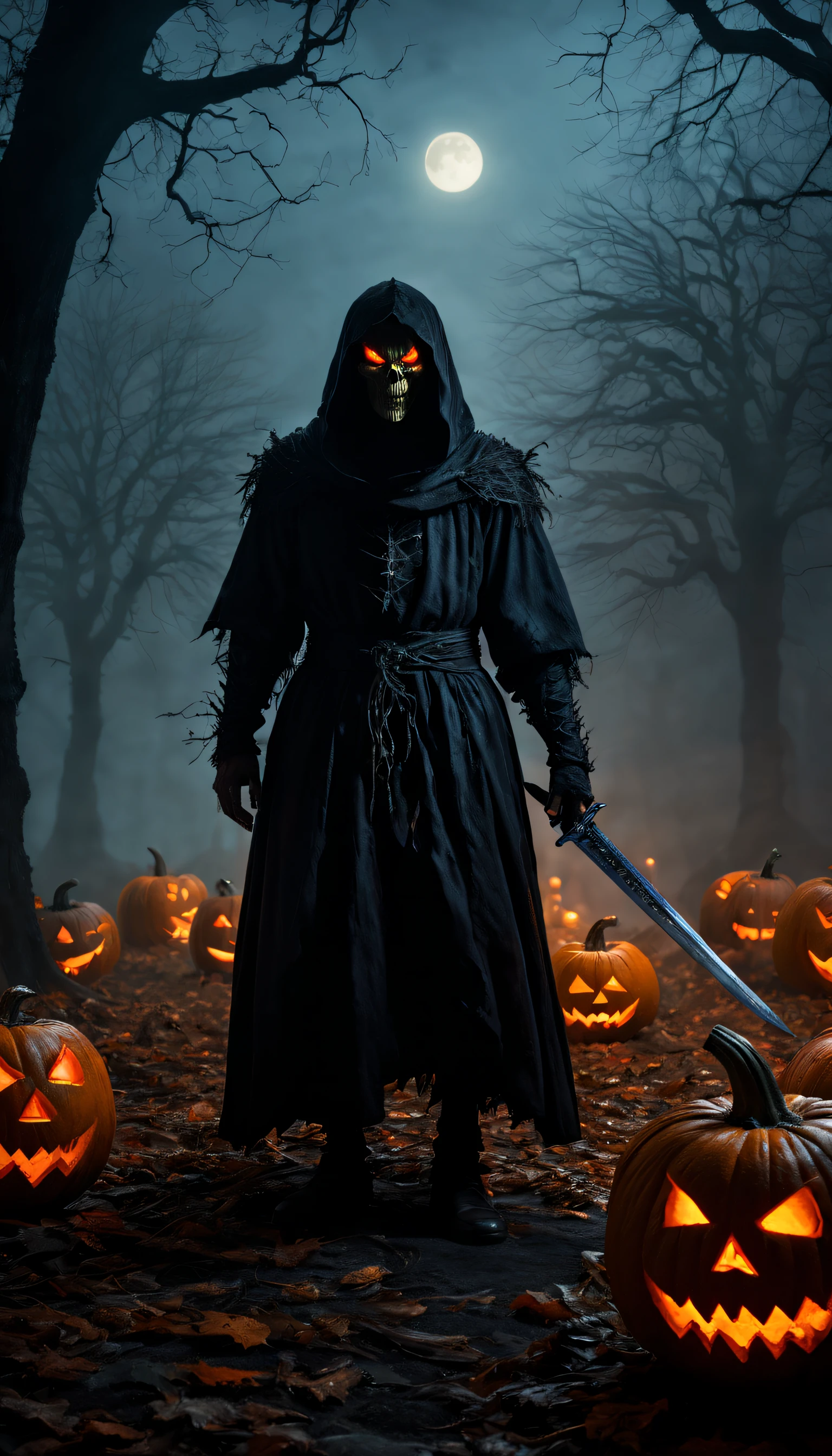 (best quality,4k,8k,highres,masterpiece:1.2),ultra-detailed,(realistic,photorealistic,photo-realistic)
a terrifying pumpkin-headed spirit knight,holding a menacing sword,cloaked in a dark and tattered robe,with glowing red eyes and an intimidating presence,in a desolated graveyard at night,with fog rolling in,moonlight illuminating the scene,casting an eerie and mystic atmosphere,the dark silhouette of a spooky tree in the background,sharp and vivid colors enhancing the spooky ambiance,creating a sense of dread and anticipation,horrifying creatures lurking in the shadows,faces carved into the pumpkins,cracking and decaying tombstones,adding an element of decay and darkness,spectral figures floating in the air,whispering hauntingly,as if they're trying to communicate a dark secret,creating a chilling and unsettling vibe,with a touch of gothic horror style.