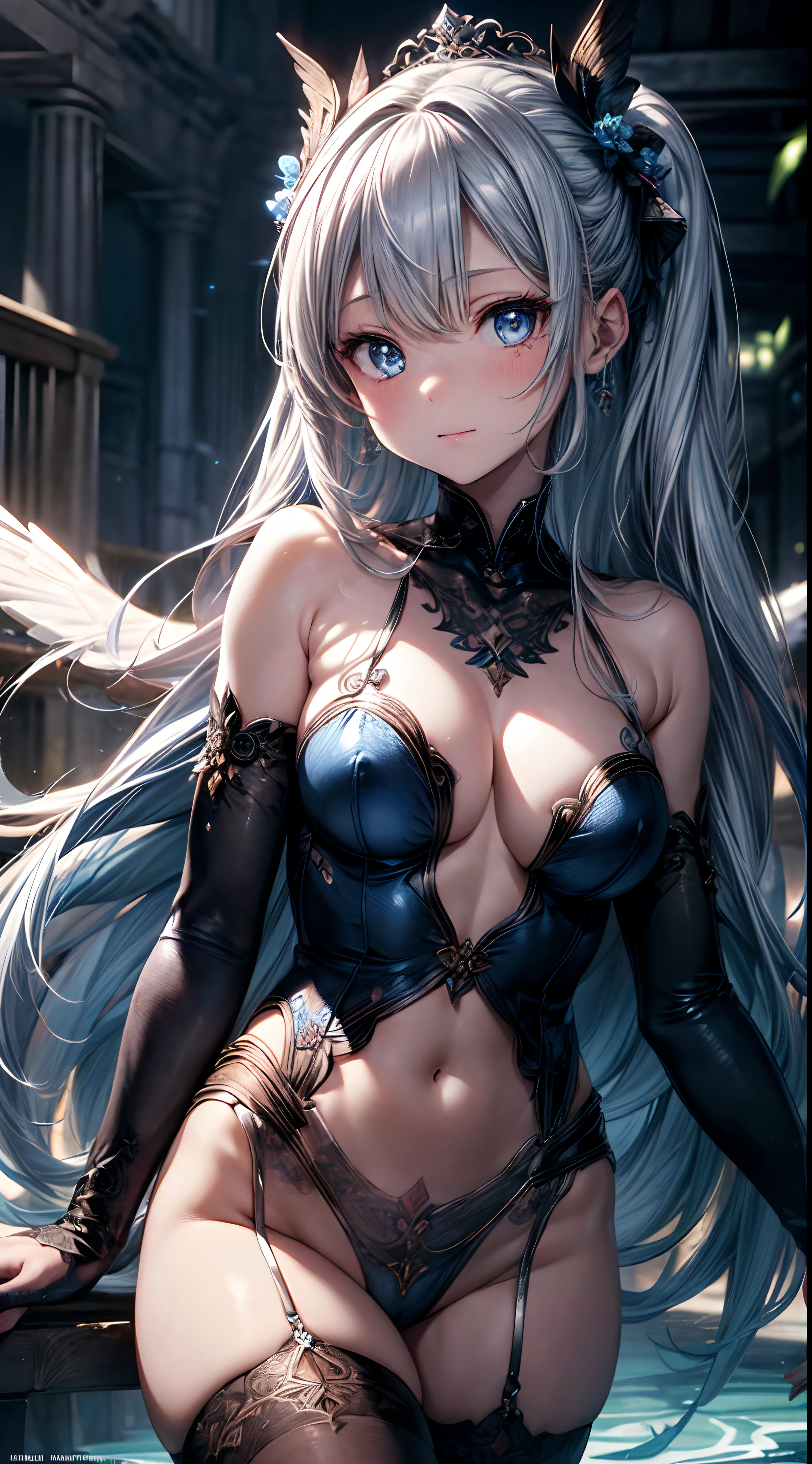 (((masterpiece))), (((best quality))), ((ultra-detailed)), (illustration), ((an extremely delicate and beautiful)),extremely detailed cg unity 8k wallpaper,(add_detail:1),emphasizing beautiful body lines,{{{{{long silver hair}}}}},dark Valkyrie girl,dark Valkyrie,  smile,blue would,
Small breasts, highlighter painting blue tattoo on body,highlighter painting blue tattoo on face,hime cutblunt bangs long hair,beautiful detailed hair,white hair,girl praying in the center of a palace, long silver hair, reflective hair, blue eyes, eyes shining like gems ,There are many swords suspended around, from the front, ,object refraction, ergonomics, correct
eyes are glowing blue,pale skin:1.6,wet oily skin,dark corruption,,OuterWorldAI,insanevoid, glowing eyes, extra eyes, horror \(theme\),upper body