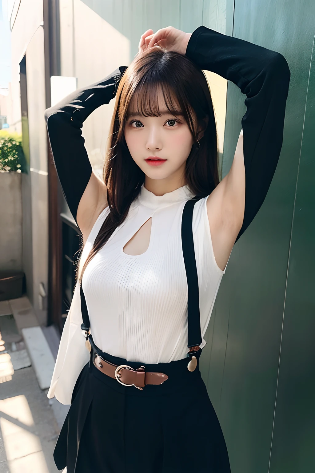 ​masterpiece、flat-colors、depth of fields、lens flare 1 girl、、Brown hair、watching at viewers　　　　a belt　black suspenders　Social OL　　　ample bosom　　　 　 Armpit sweat　perspiring　Side of both hands　　walls: Black Suit　Black pants, Black jacket