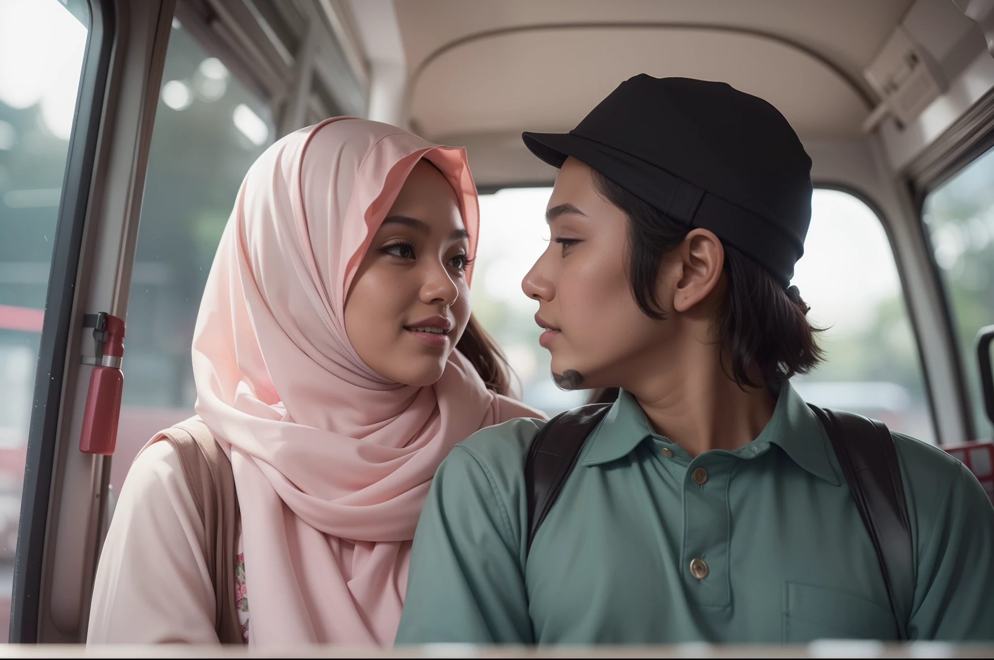 A confession of love between 1 malay girl in hijab with 1 malay man in a bus, romantic movie scene, 14mm, Wide Angle and Tracking Shots, Long Takes, Soft and Warm Lighting, Vibrant and Pastel color grading,