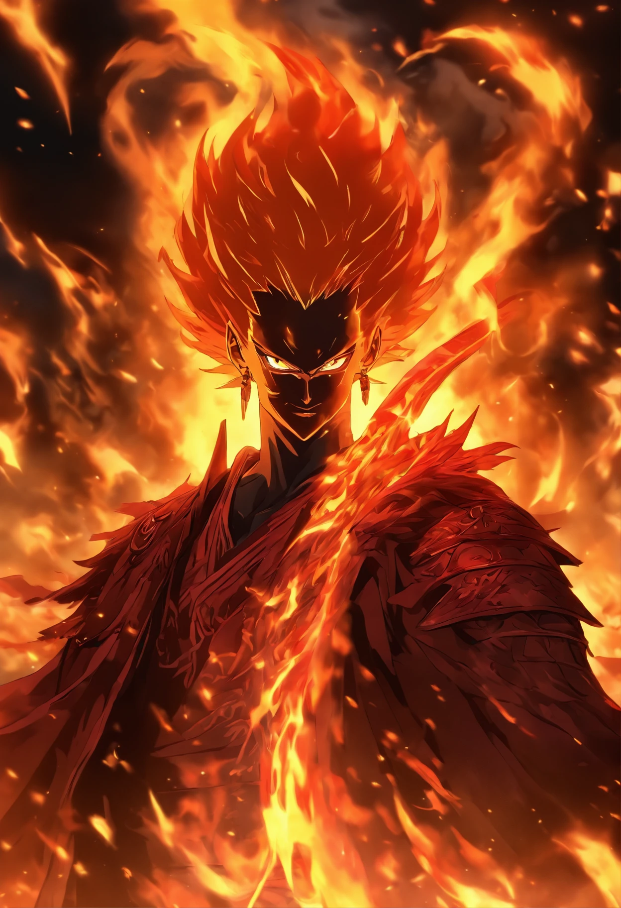 (Masterpiece), (Best quality), 1 man，Face of a young man，Detailed portrayal of the face，Perfect facial features, (shinigami),(breathingfire:1.5)， gazing, watch audience, A cloak that covers the whole body, (Robe), (Armed with a death scythe:1.2),  In hell, nipple tassels, Fire,fenghuang