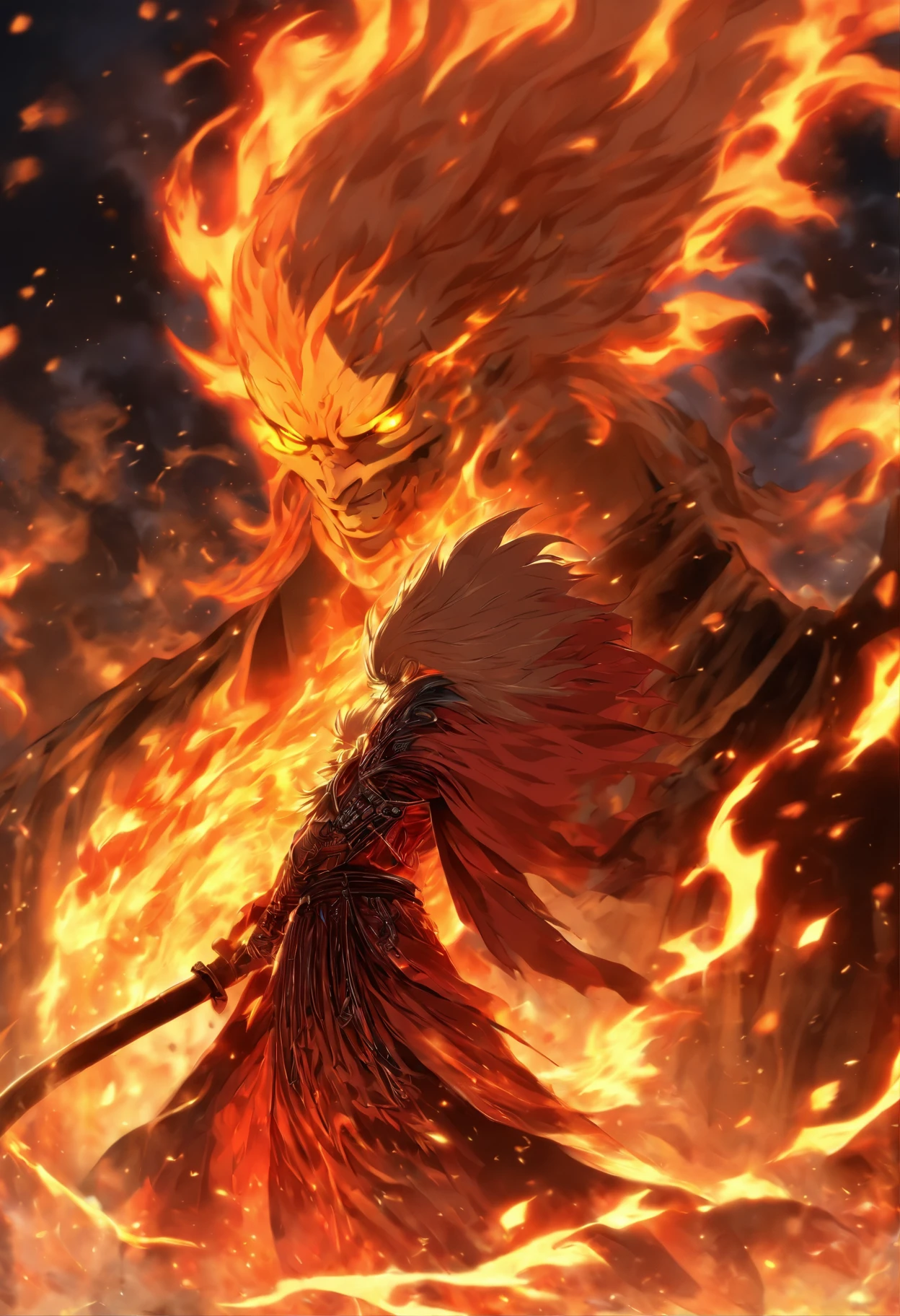 (Masterpiece), (Best quality), 1 man，Face of a young man，Detailed portrayal of the face，Perfect facial features, (shinigami),(breathingfire:1.5)， gazing, watch audience, A cloak that covers the whole body, (Robe), (Armed with a death scythe:1.2),  In hell, nipple tassels, Fire,fenghuang