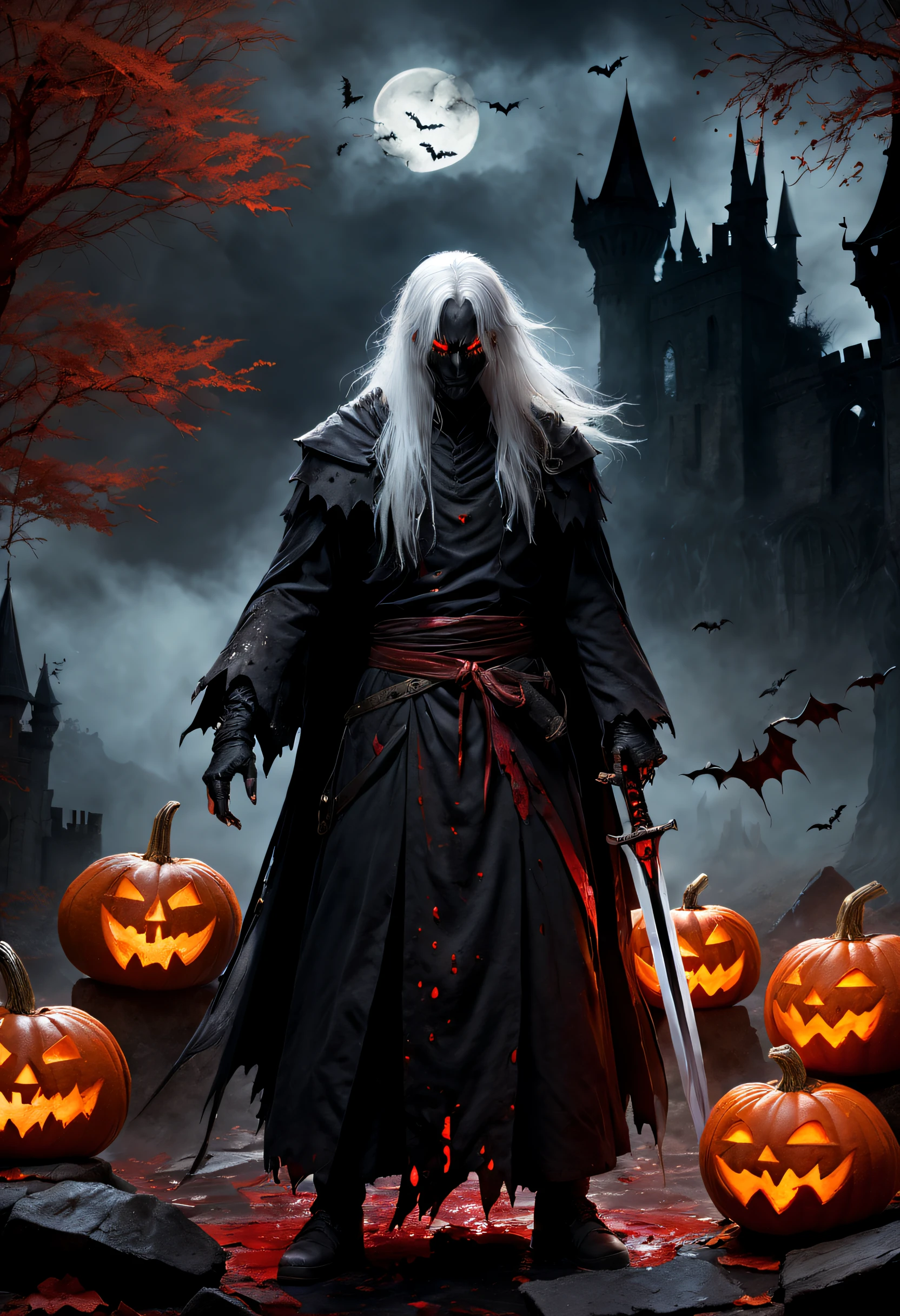 Terrible Spirit Knight,Holding a menacing sword,Draped in a black, torn robe,Long white hair,luminous red eyes,Intimidating presence,((Blood splattered)),Dark and mysterious,Twisted branches,The mist rolled in,Moonlight illuminates the scene,(Dimly lit castle),Old stone building,(Pumpkin head:1.3),dark palette,Subtle orange and red,Crumbling tombstones,Remote location,mystical aura,(the bats:1.1),Bats fly overhead,hauntingly beautiful.(Best quality,4K,A high resolution,Masterpiece:1.2),Ultra-detailed,Realistic