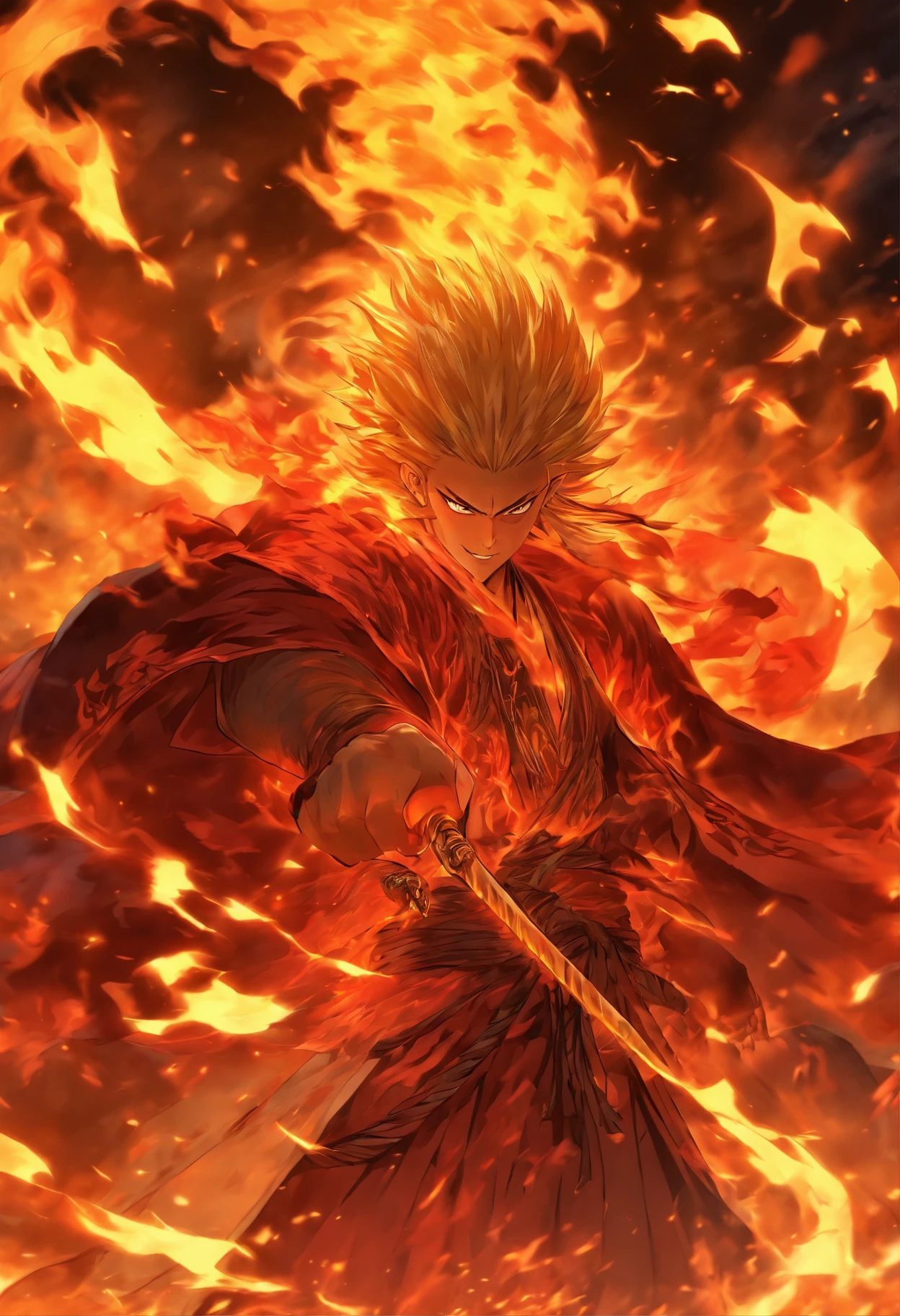 (Masterpiece), (Best quality), 1 man,Face of a young man,Detailed portrayal of the face,Perfect facial features, (shinigami),(breathingfire:1.5), gazing, watch audience, A cloak that covers the whole body, (Robe), (Armed with a death scythe:1.2), In hell, nipple tassels, Fire,fenghuang