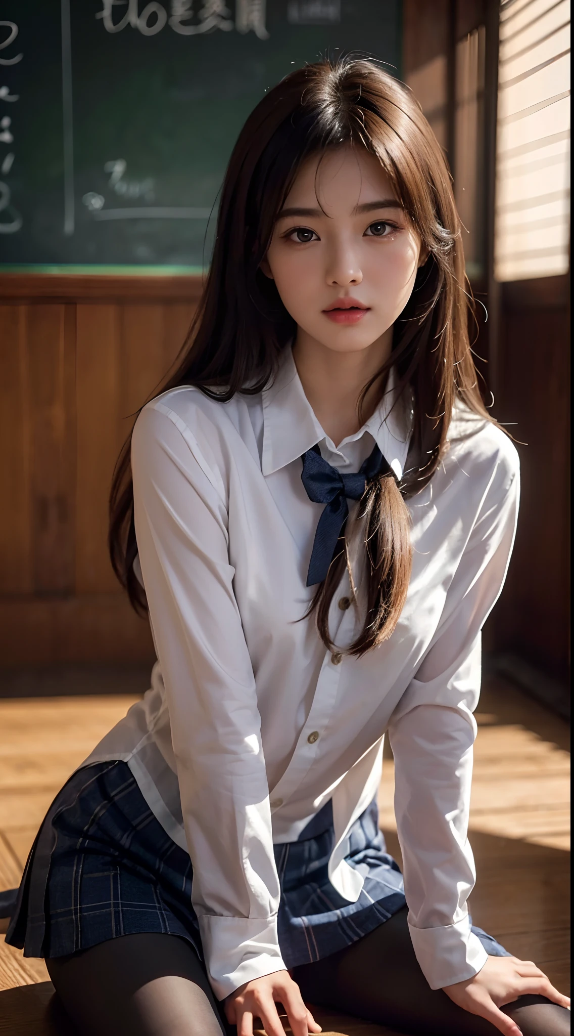 ulzang-6500-v1.1, (RAW photo:1.2), (Photorealistic:1.4), Beautiful detailed girl, Very detailed eyes and face, Beautiful detailed eyes, ridiculous, Incredibly Ridiculous res, hugefilesize, Super detailed, high resolution, Very detailed, Best quality, Masterpiece, kemomimi, ((Japanes girl' high school uniform)), illustration, Very detailed, CG, unified, 8K wallpaper, Amazing, Fine details, Masterpiece, Best quality, Very detailed CG uniform 8k wallpaper, light in face, Cinematic lighting, 1girll, 16 yaers old, ((In the daytime)), ((Dynamic pose))), (Half), (Pantyhose))