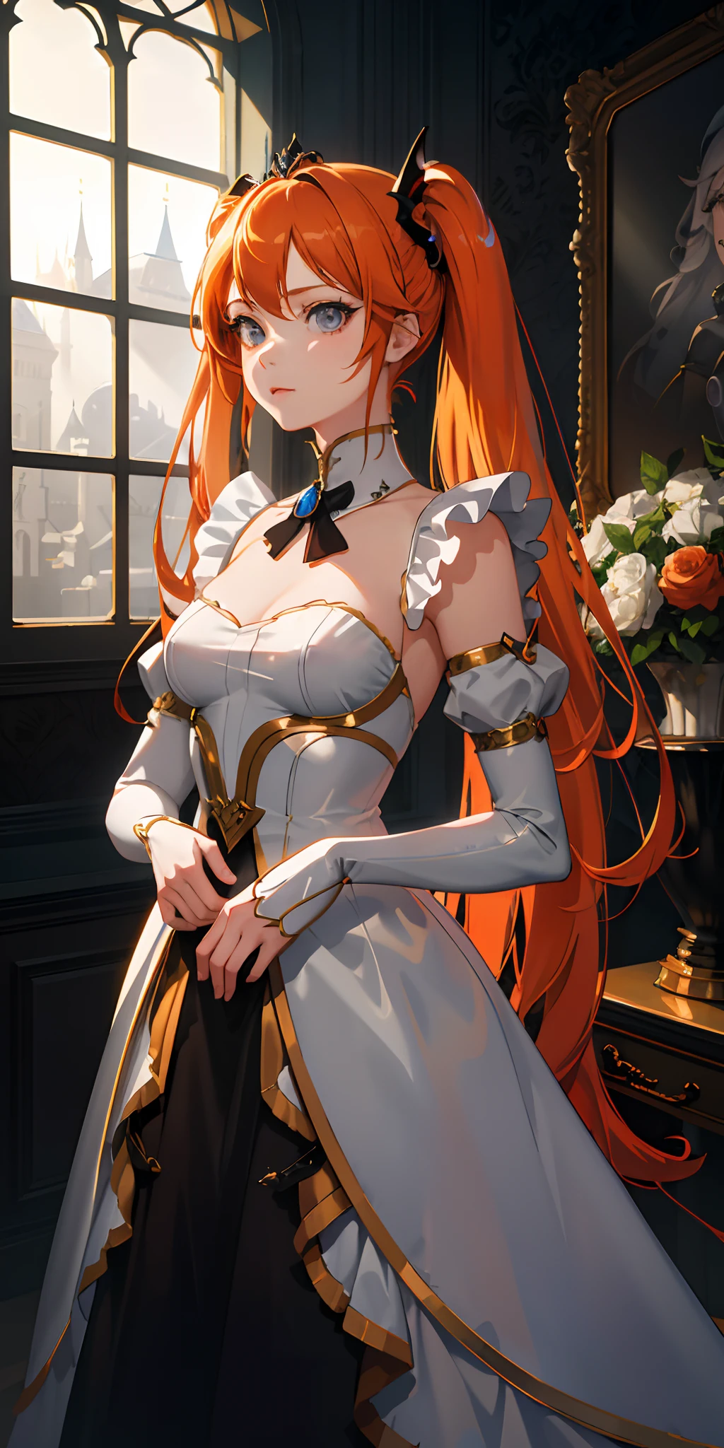 Absurdres masterpiece HDR high quality picture of realistic, 1girl, orange hair, light grey eyes, hatsune miku, Disney style evil queen, castle, light particles, light rays from window, wallpaper,