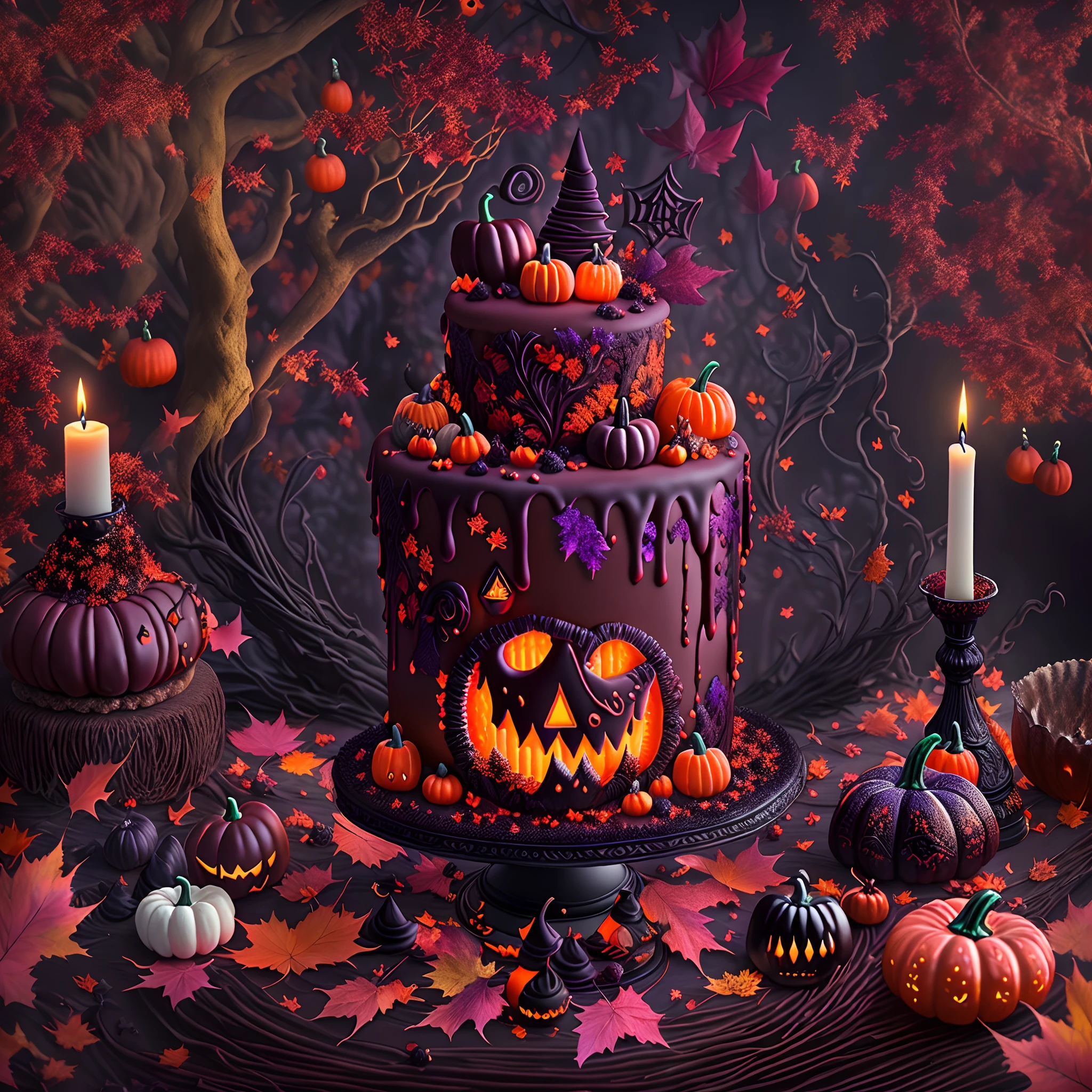 (The best-selling Halloween themed cake), (Beautifully decorated), (Looks delicious),(Detailed icing), (a lit candle), (Spooky and seductive), (Autumn leaves), (Warm and comfortable atmosphere), (Haunted house decoration), (Chocolate ganache), (Spooky gummy accessories), (Creative toppings), (intricatedesign), (Traditional Halloween elements), (Terrible and delicious), (Spooky atmosphere), (Delicious layer), (The atmosphere of celebration), (The subtleties of sin), (Autumn delicacies)。(Best quality,4K,8K,A high resolution,Masterpiece:1.2),Ultra-detailed,(Realistic,Photorealistic,photo-realistic:1.37),