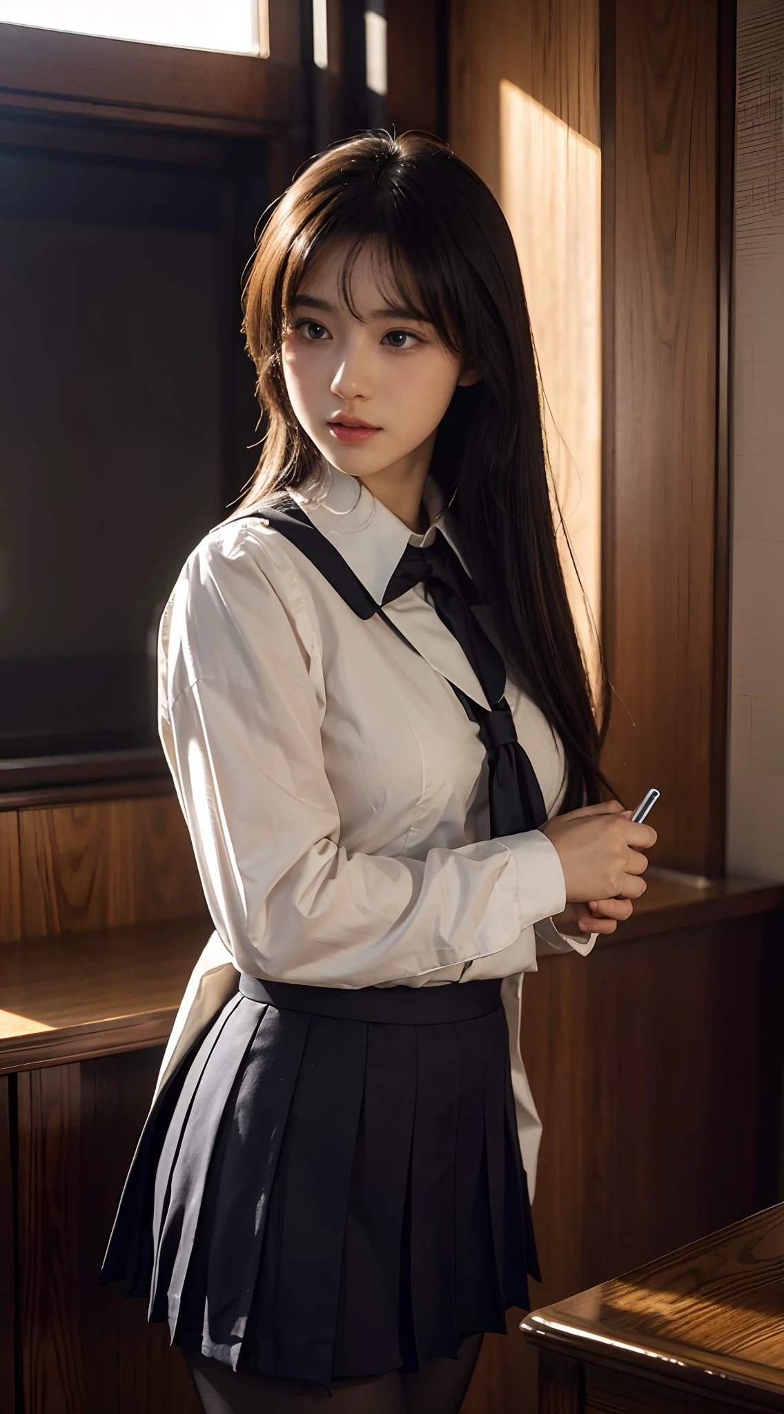 ulzang-6500-v1.1, (RAW photo:1.2), (Photorealistic:1.4), Beautiful detailed girl, Very detailed eyes and face, Beautiful detailed eyes, ridiculous, Incredibly Ridiculous res, hugefilesize, Super detailed, high resolution, Very detailed, Best quality, Masterpiece, kemomimi, ((Japanes girl' high school uniform)), illustration, Very detailed, CG, unified, 8K wallpaper, Amazing, Fine details, Masterpiece, Best quality, Very detailed CG uniform 8k wallpaper, light in face, Cinematic lighting, 1girll, ers old, ((In the daytime)), ((Dynamic pose))), (Half), (Pantyhose))