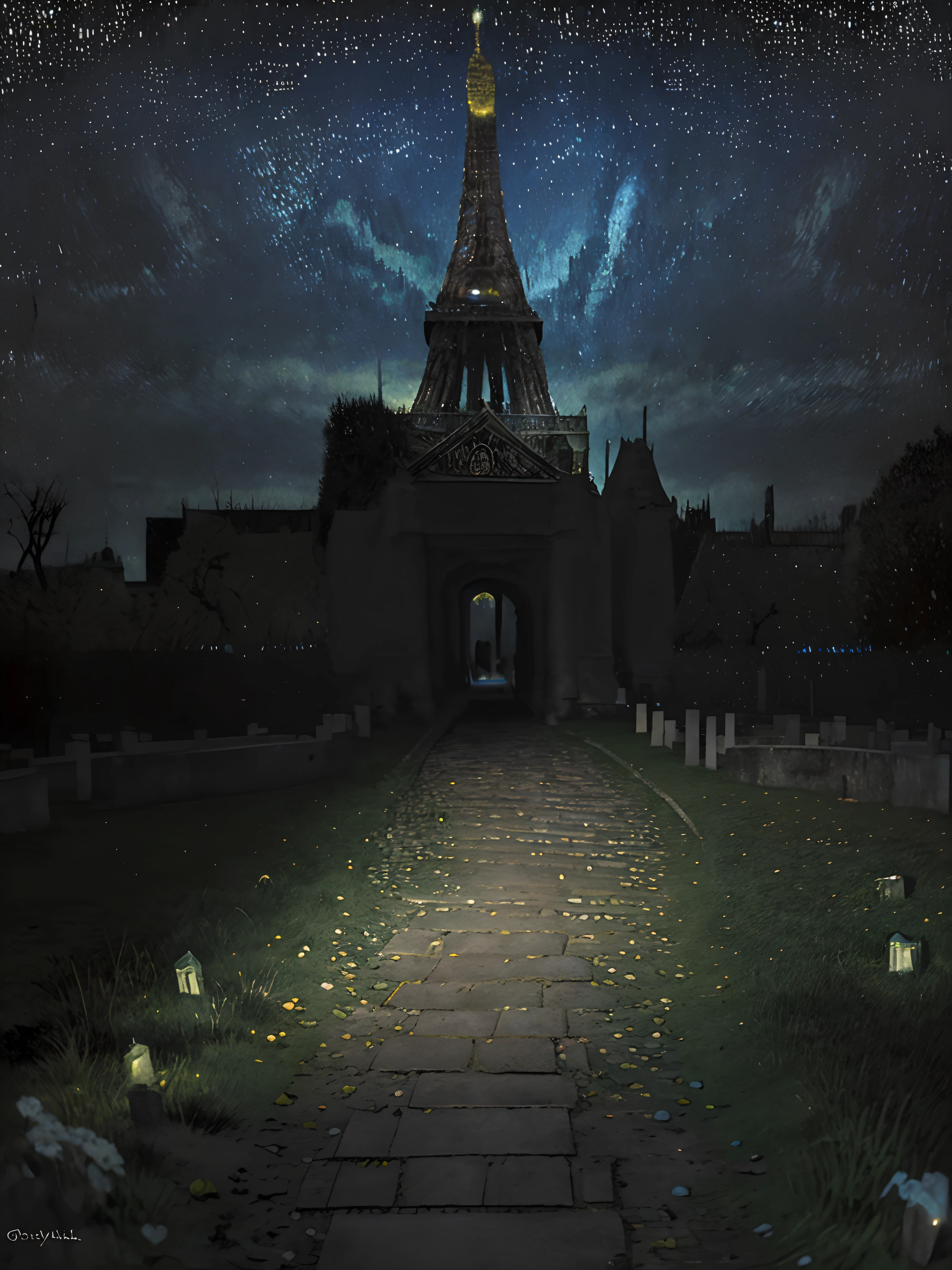 a path along scary crypts in a Parisian cemetery on a breezy night, in the style of an oil painting by vincent van gogh's starry night, highly detailed